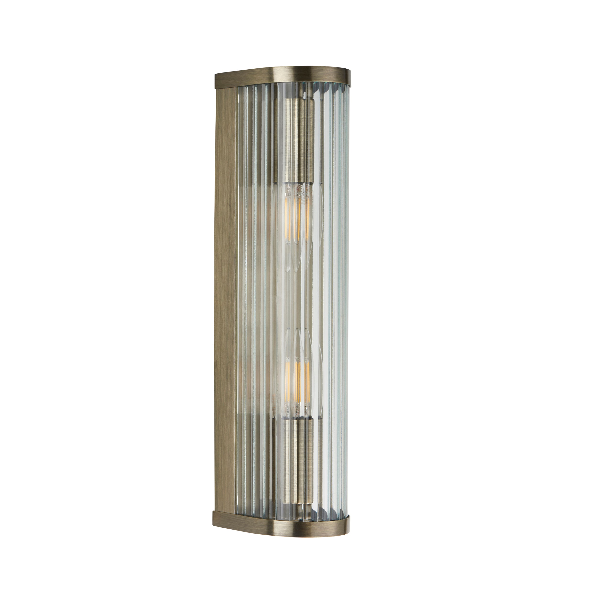 Endon Ridgeton 2 Light Wall Light in Antique Brass and Clear Ribbed Glass Shade