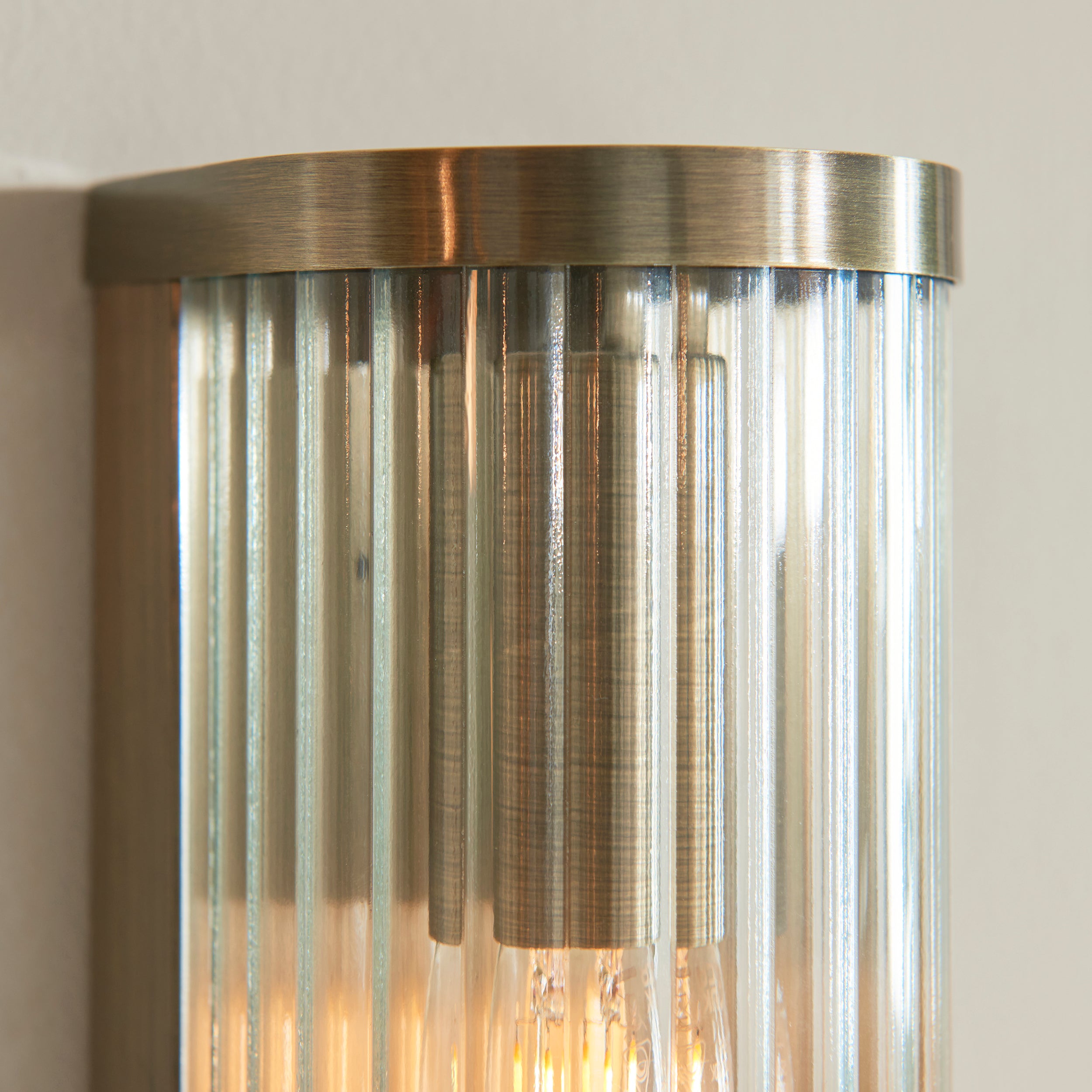 Endon Ridgeton 2 Light Wall Light in Antique Brass and Clear Ribbed Glass Shade