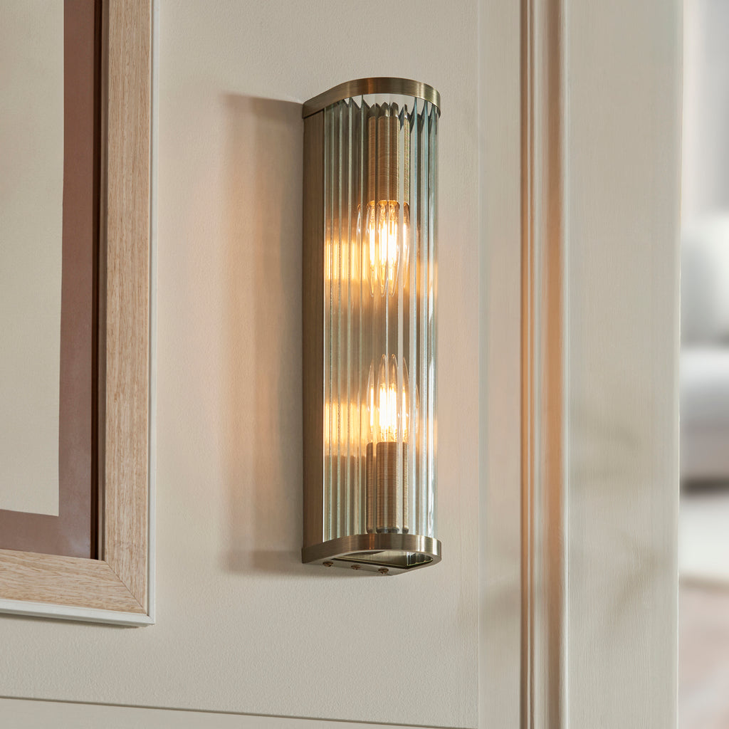 Endon Ridgeton 2 Light Wall Light in Antique Brass and Clear Ribbed Glass Shade