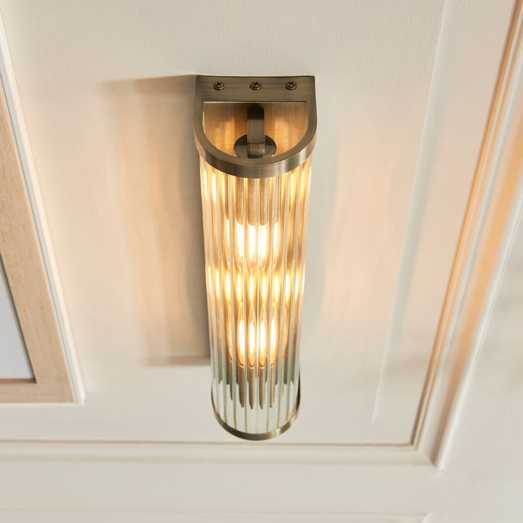 Endon Ridgeton 2 Light Wall Light in Antique Brass and Clear Ribbed Glass Shade