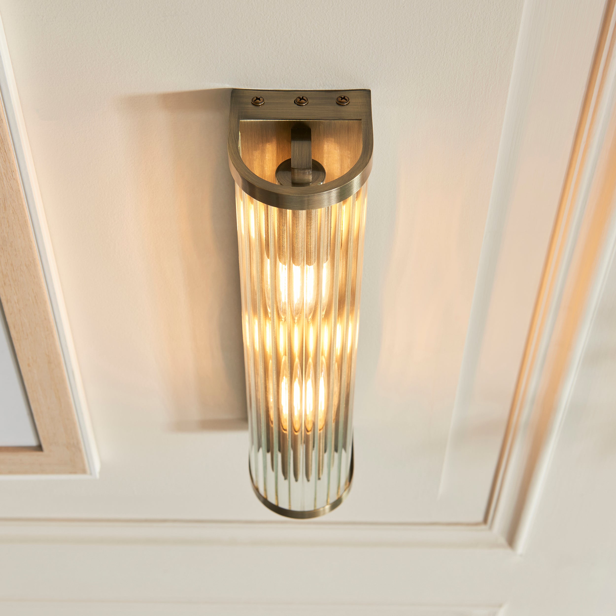 Endon Ridgeton 2 Light Wall Light in Antique Brass and Clear Ribbed Glass Shade
