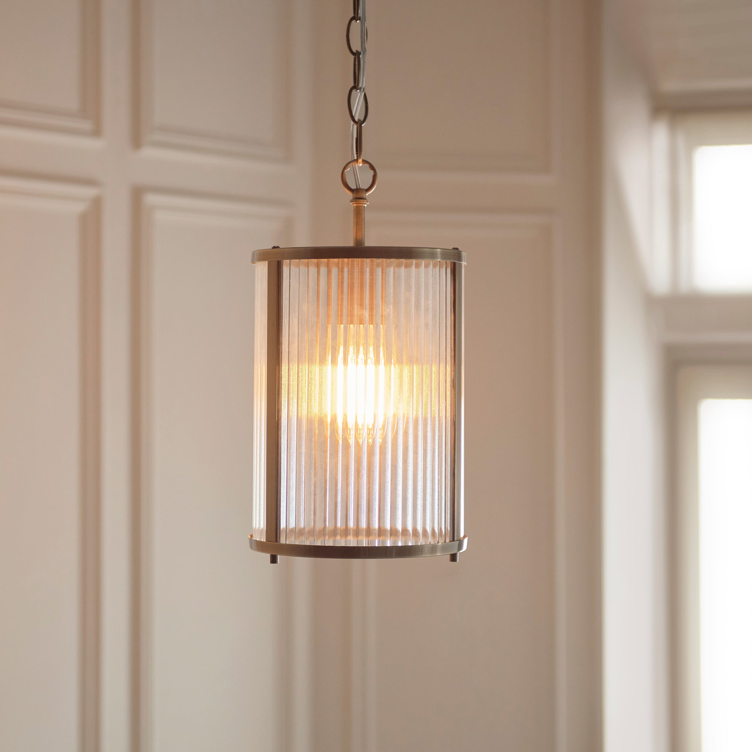 Endon Ridgeton Pendant Light Antique Brass and Clear Ribbed Glass Shade