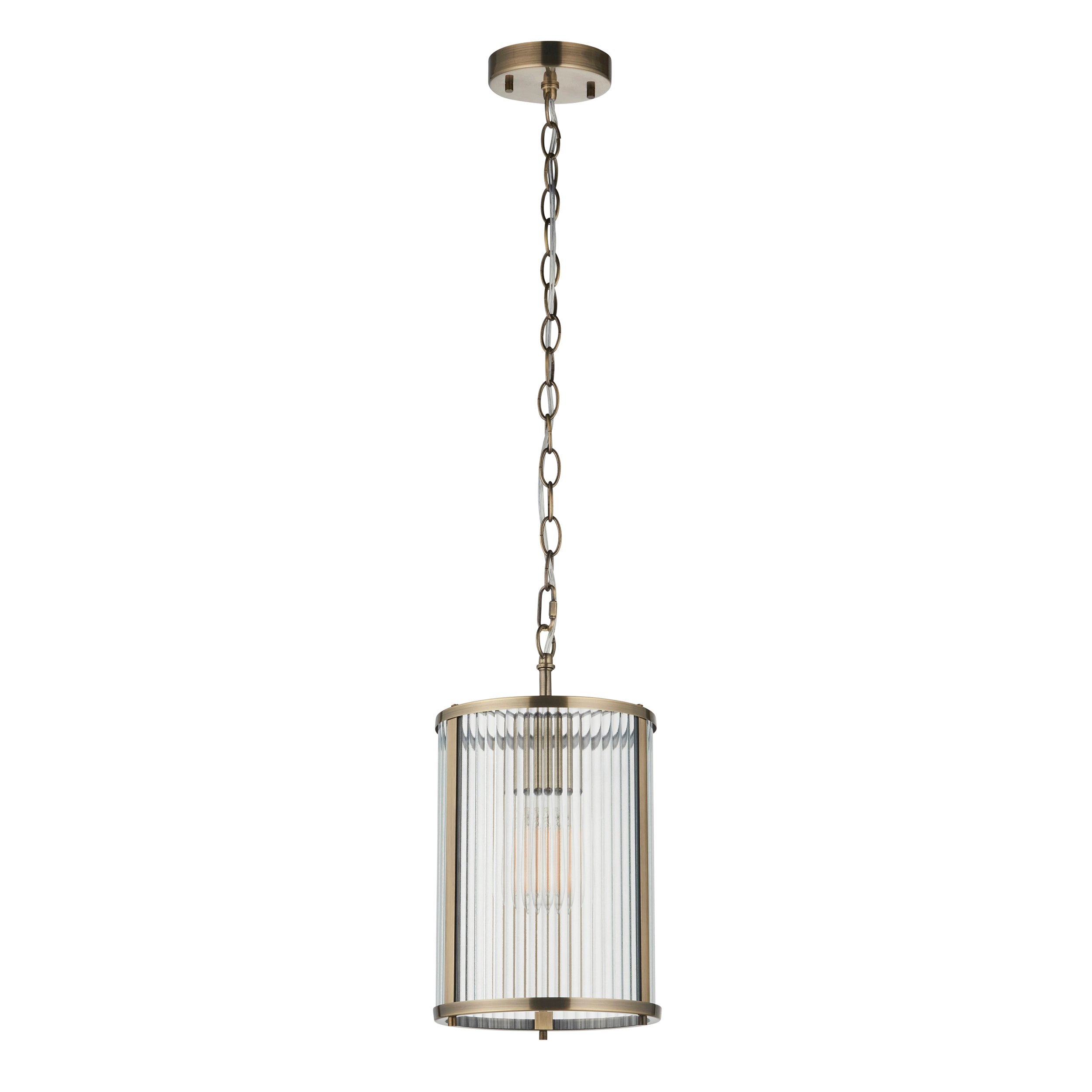Endon Ridgeton Pendant Light Antique Brass and Clear Ribbed Glass Shade