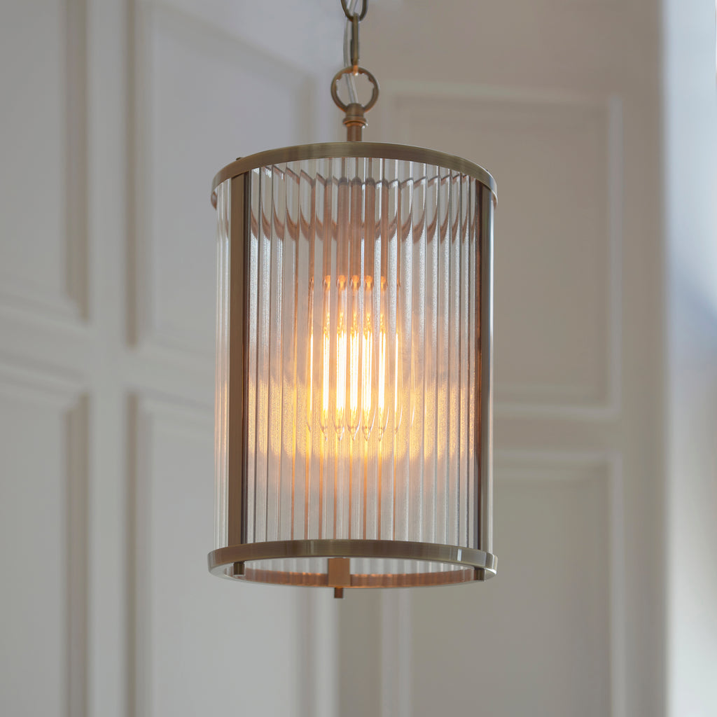 Endon Ridgeton Pendant Light Antique Brass and Clear Ribbed Glass Shade