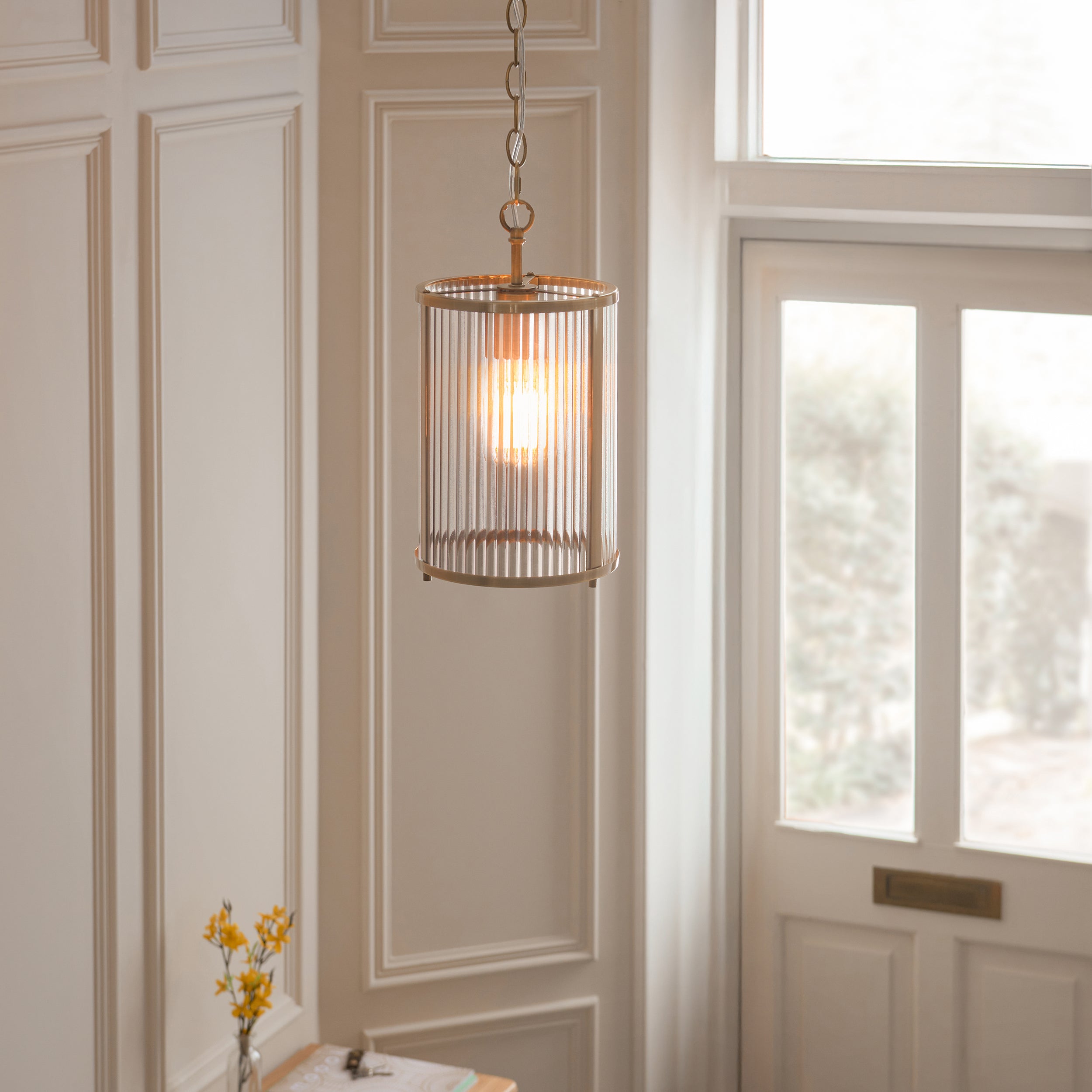 Endon Ridgeton Pendant Light Antique Brass and Clear Ribbed Glass Shade
