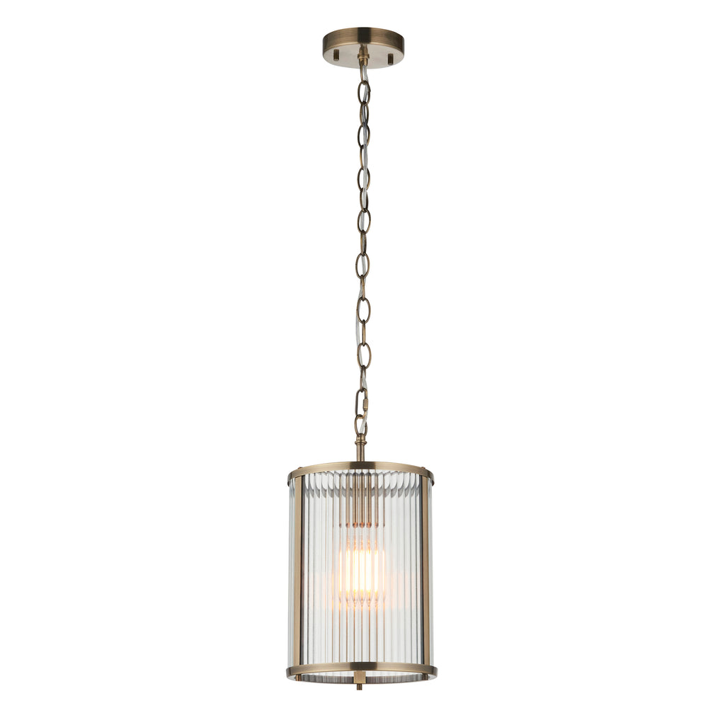 Endon Ridgeton Pendant Light Antique Brass and Clear Ribbed Glass Shade