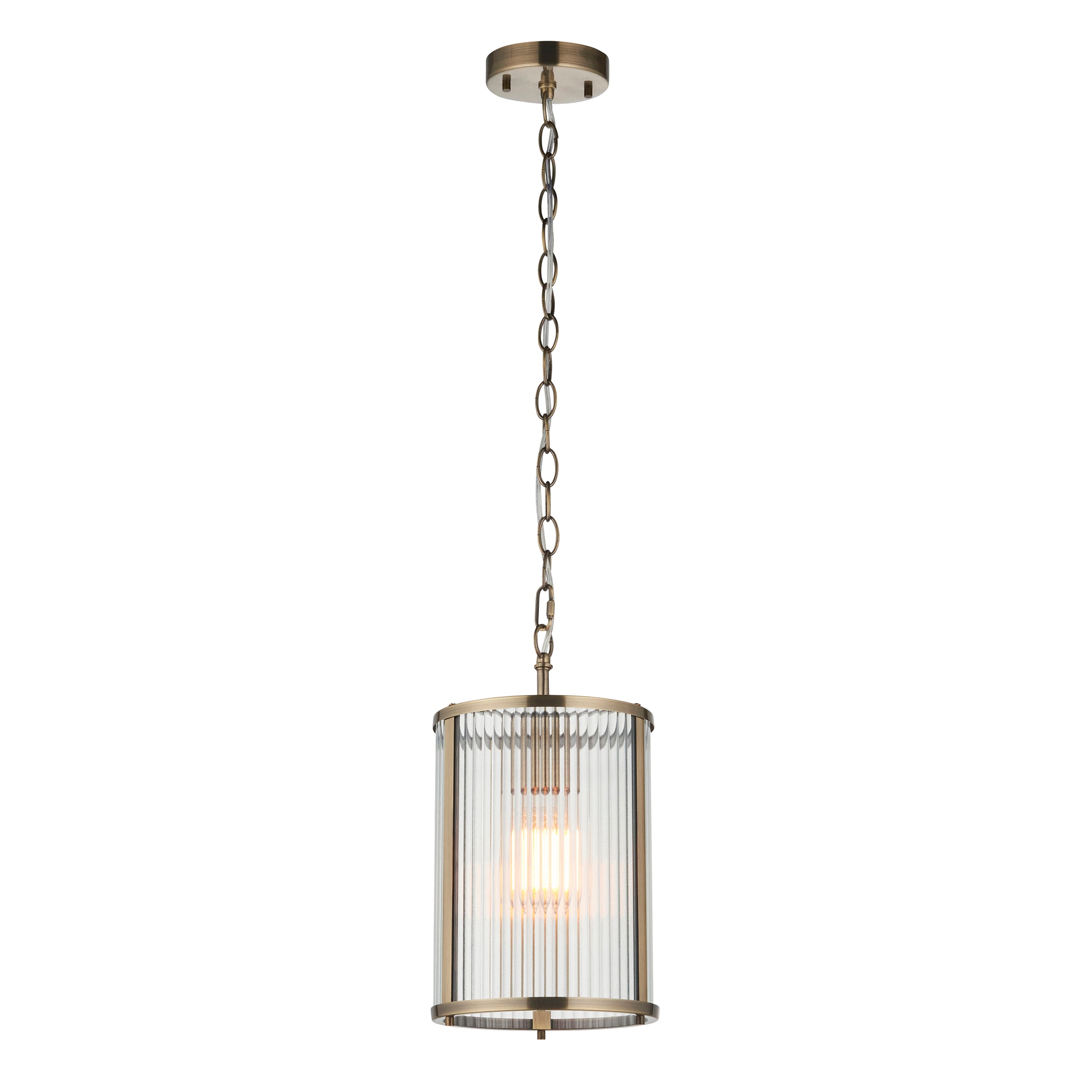 Endon Ridgeton Pendant Light Antique Brass and Clear Ribbed Glass Shade