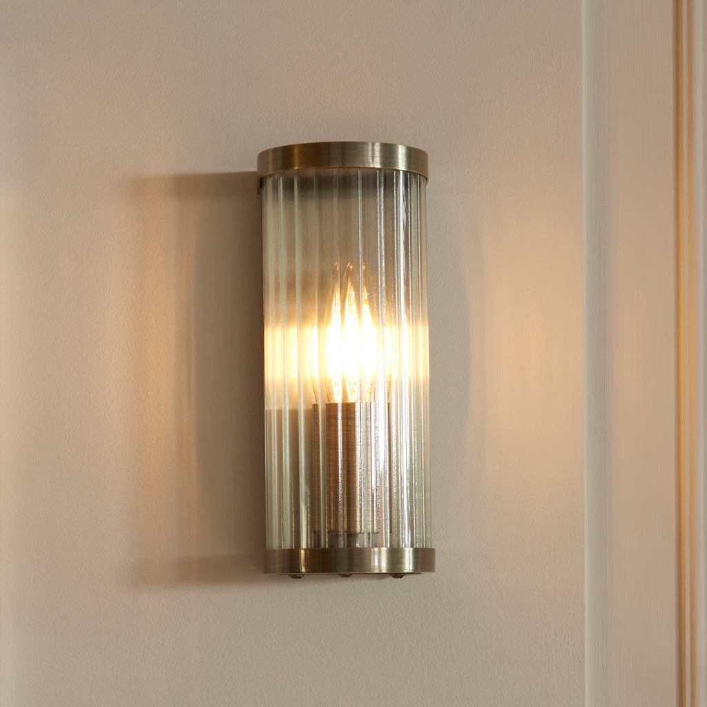 Endon Ridgeton Wall Light in Antique Brass and Clear Ribbed Glass Shade