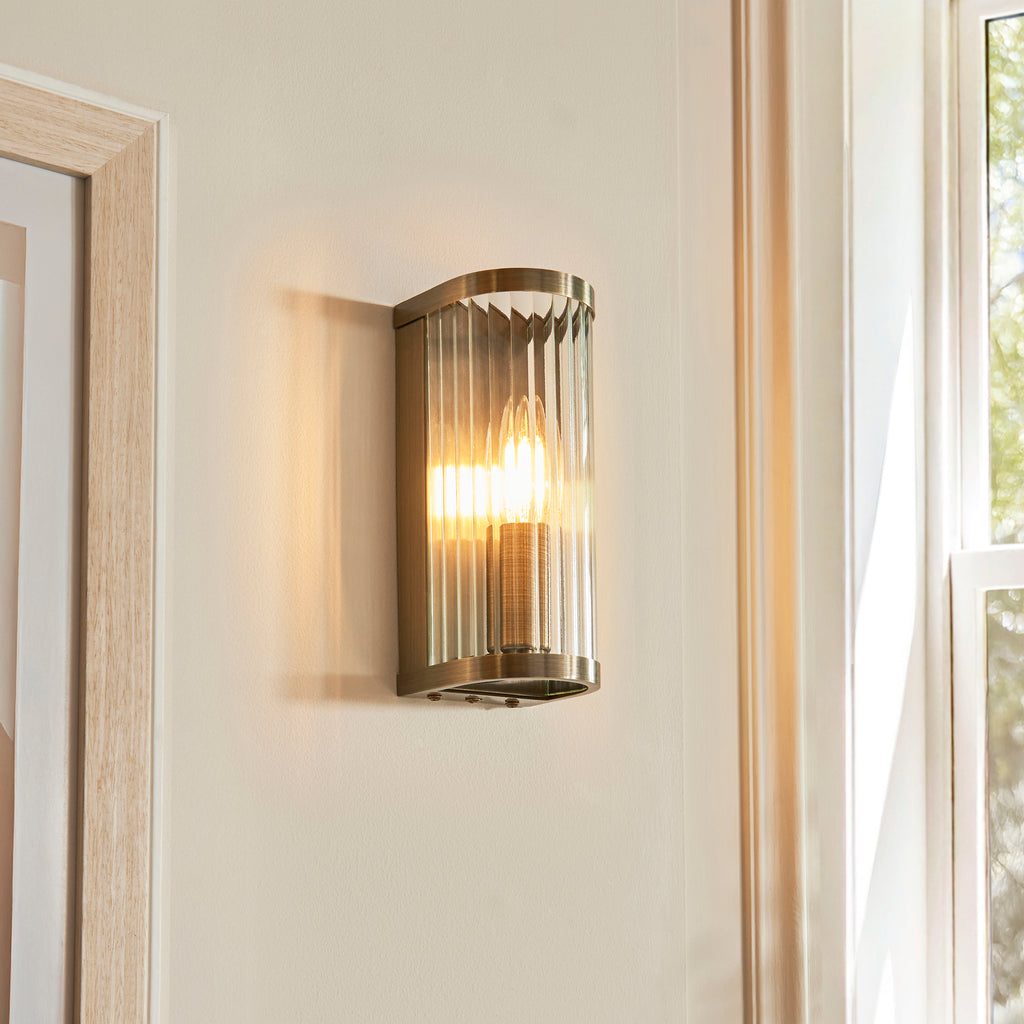 Endon Ridgeton Wall Light in Antique Brass and Clear Ribbed Glass Shade