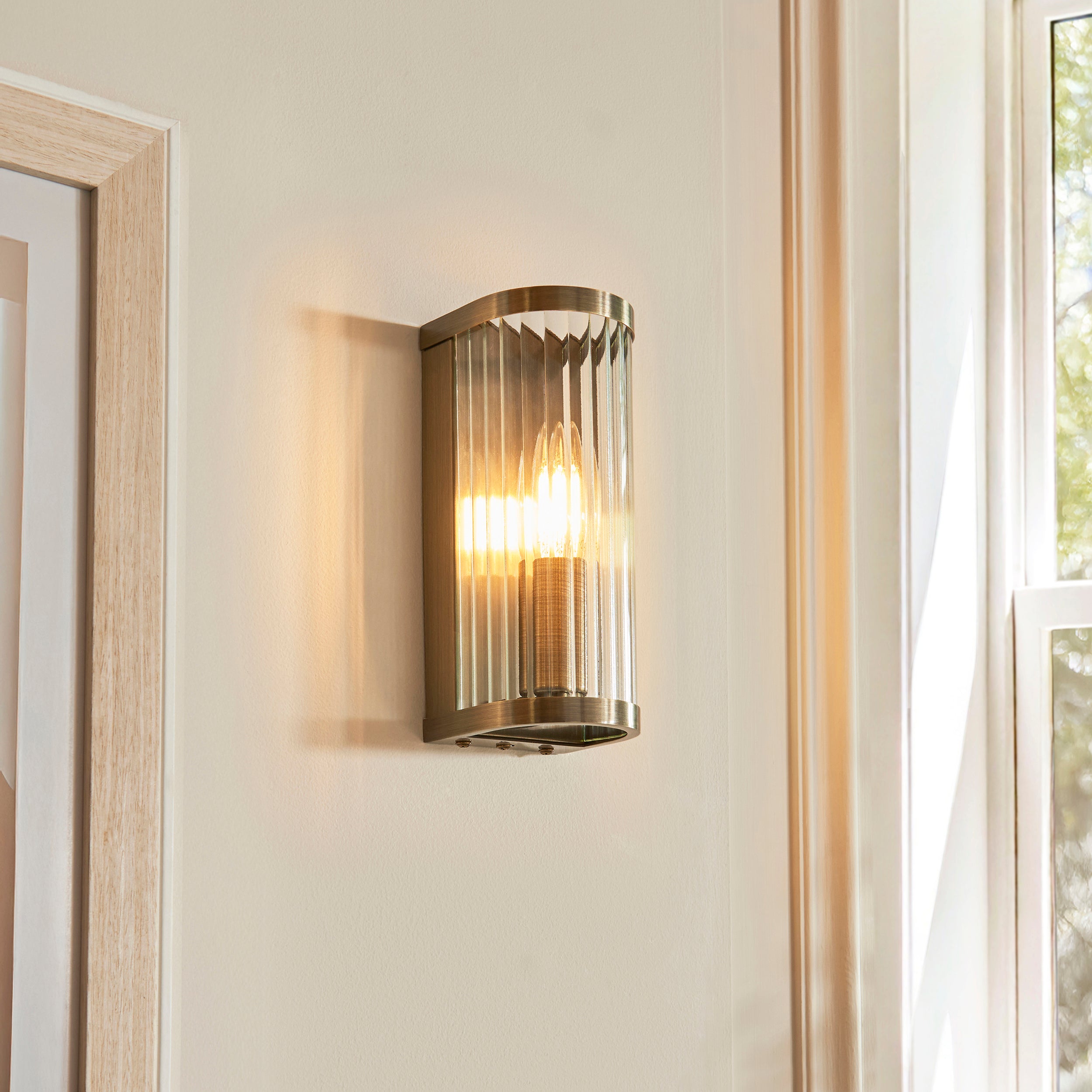 Endon Ridgeton Wall Light in Antique Brass and Clear Ribbed Glass Shade