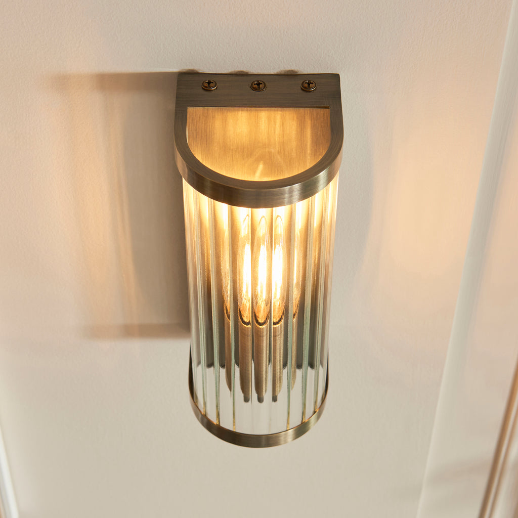 Endon Ridgeton Wall Light in Antique Brass and Clear Ribbed Glass Shade