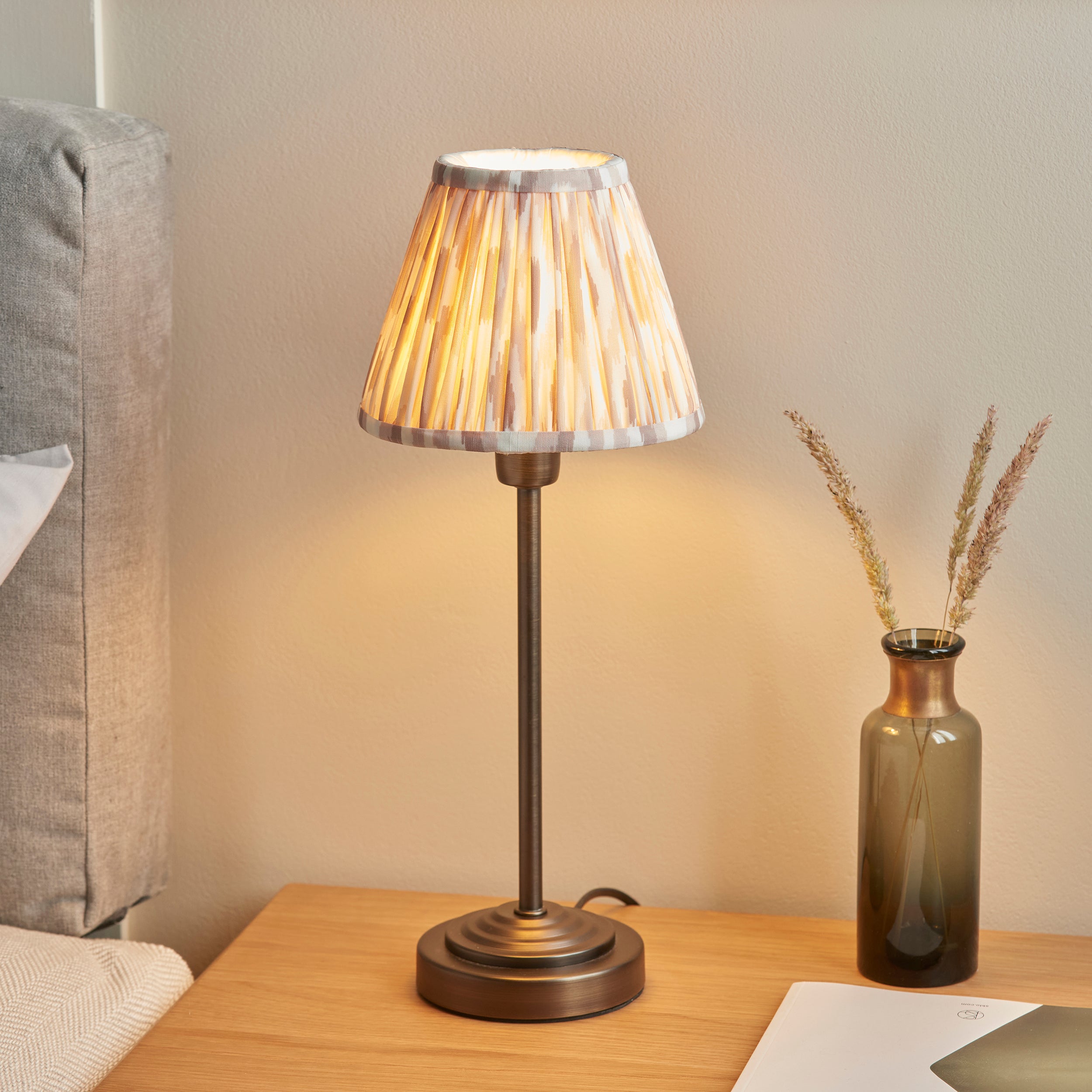 Endon Rise and Ikat 16cm Table Lamp in Antique Bronze and Neutral Print Shade