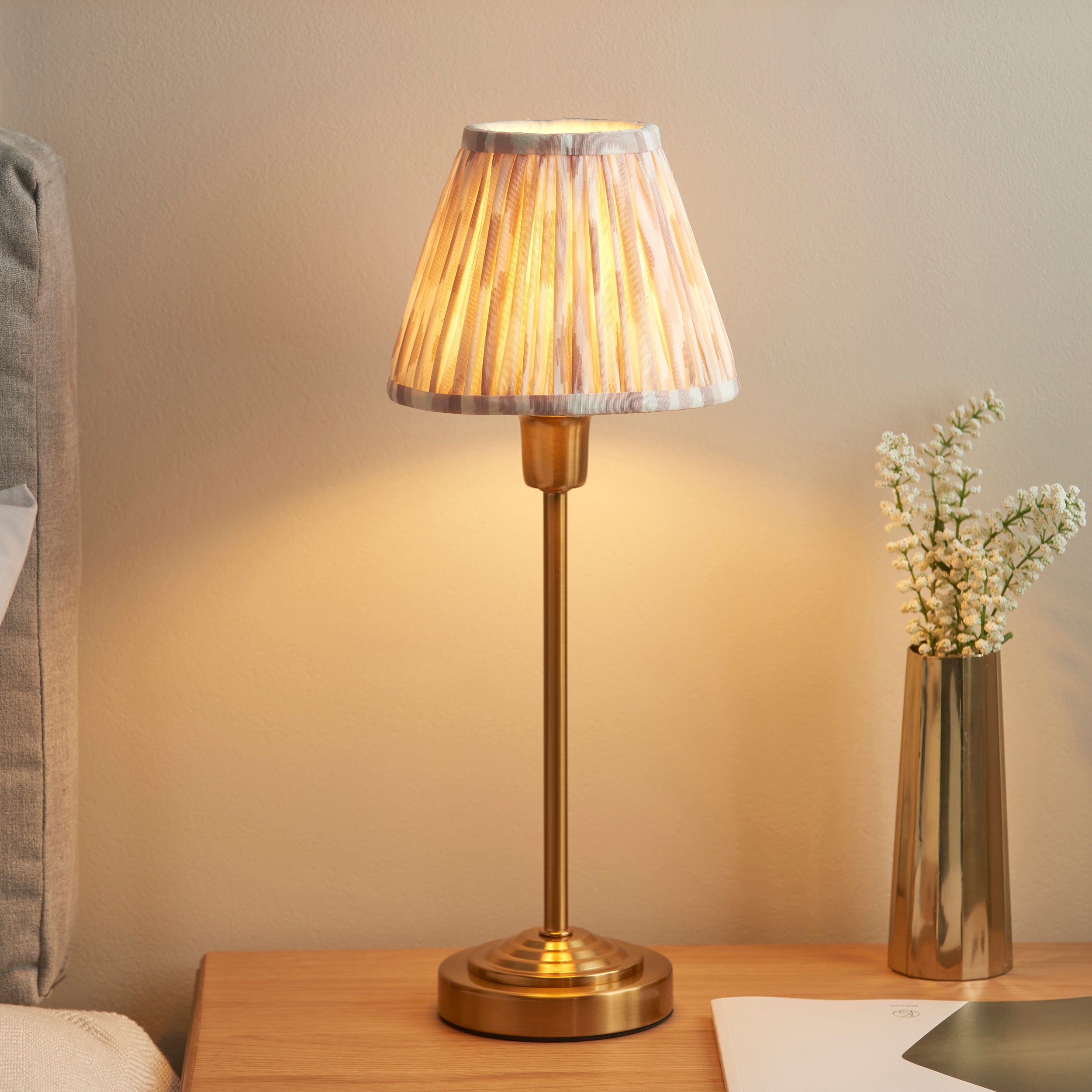 Endon Rise and Ikat 16cm Table Lamp Vintage Brass Finish and Neutral Print Shade