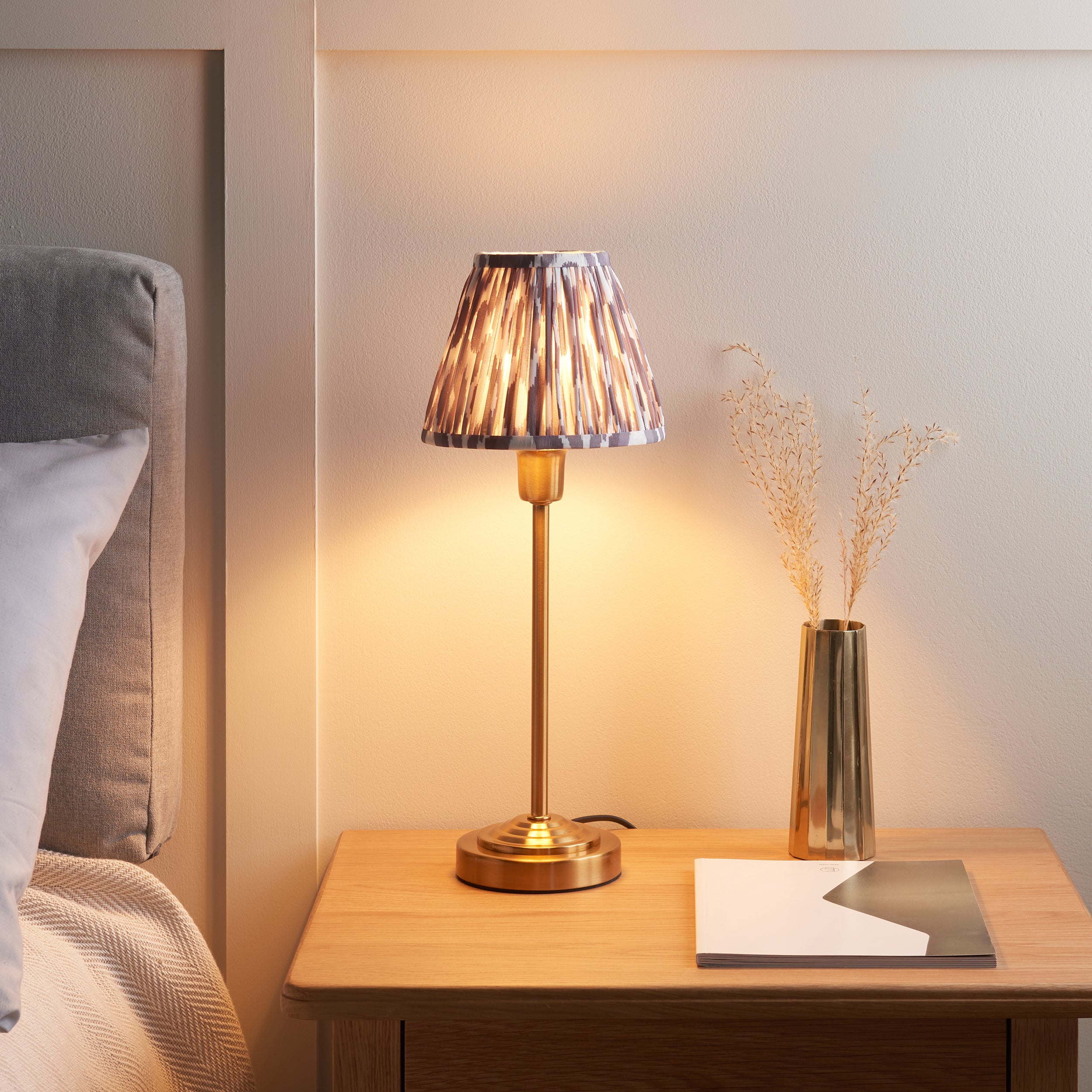 Endon Rise and Ikat 16cm Table Lamp Vintage Brass Finish and Pearl Grey