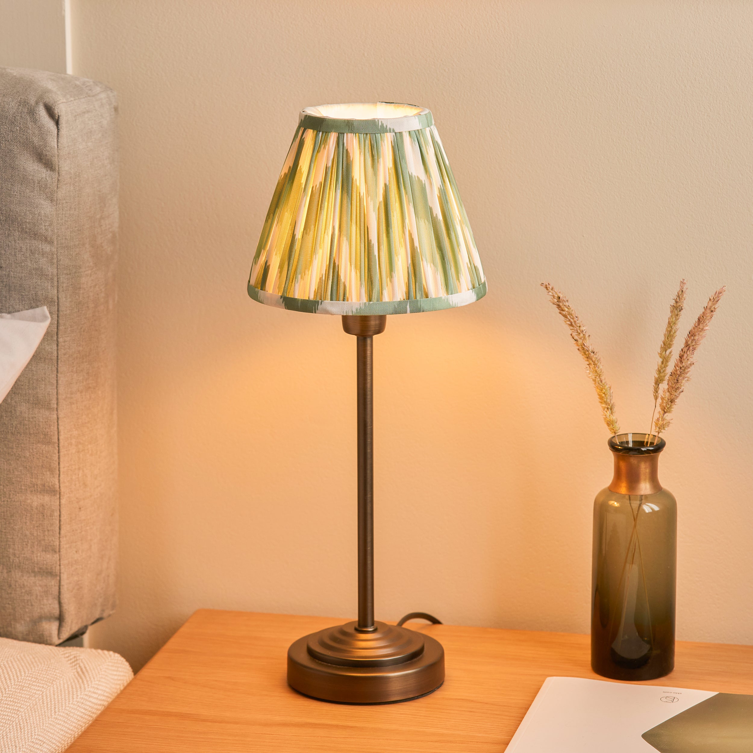 Endon Rise and Zigzag 16cm Table Lamp Antique Bronze and Cotswold Green