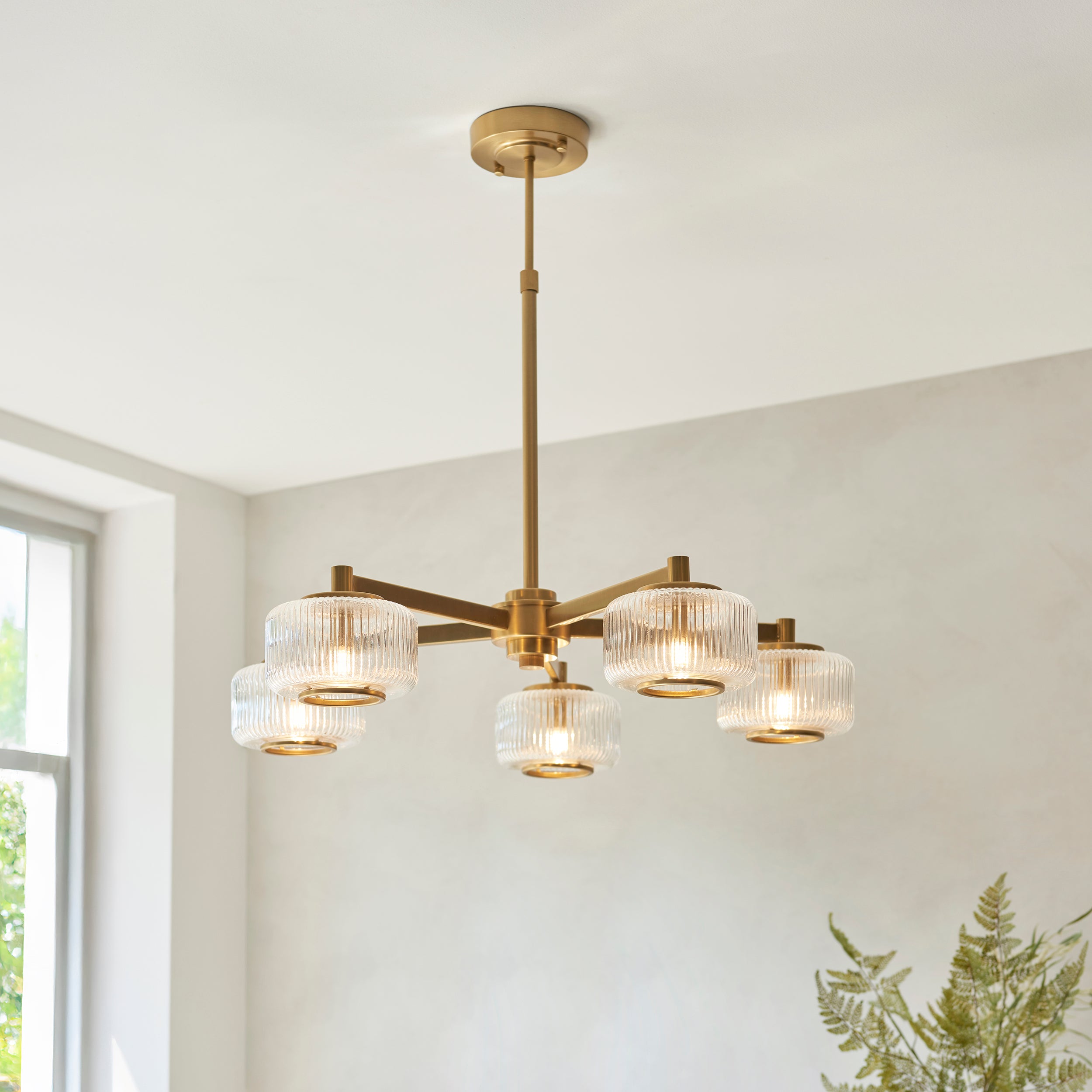 Endon Stamford 5 Light Pendant in Brushed Aged Brass and Clear Ribbed Glass