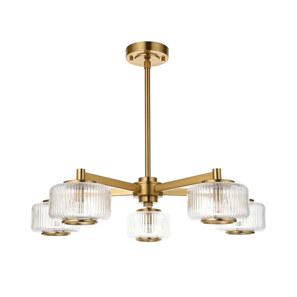 Endon Stamford 5 Light Pendant in Brushed Aged Brass and Clear Ribbed Glass