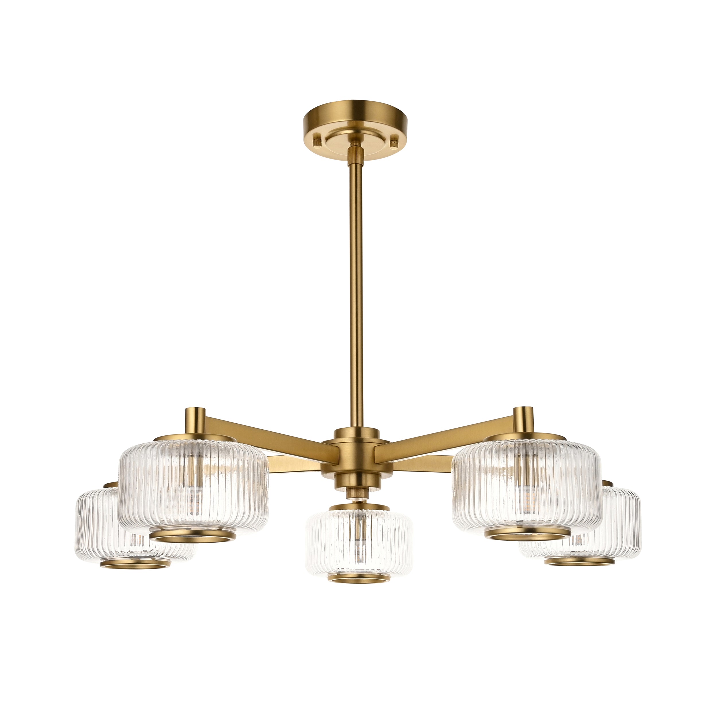 Endon Stamford 5 Light Pendant in Brushed Aged Brass and Clear Ribbed Glass