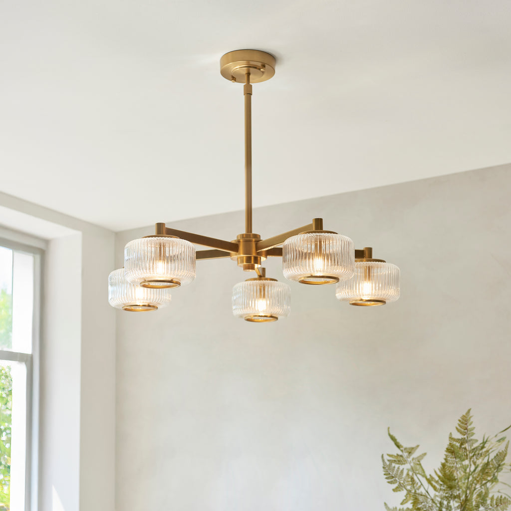 Endon Stamford 5 Light Pendant in Brushed Aged Brass and Clear Ribbed Glass