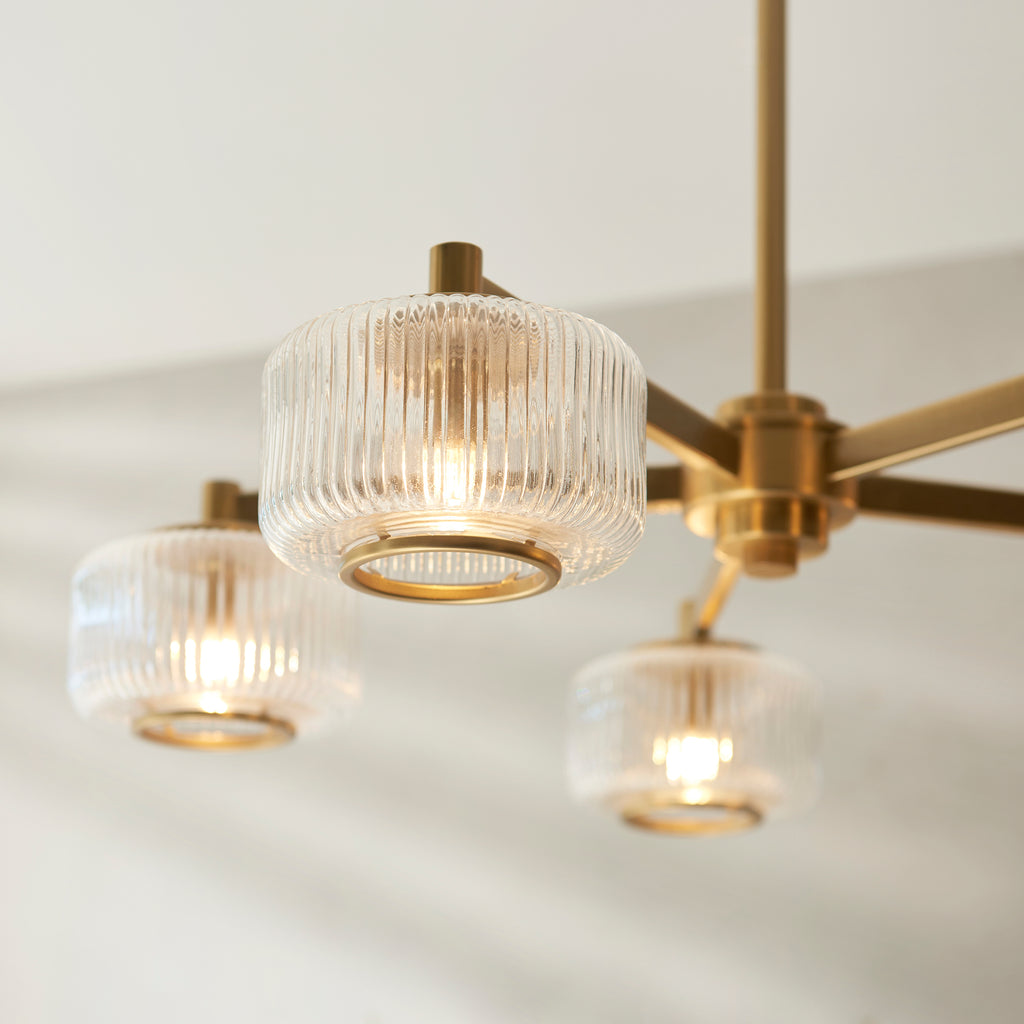 Endon Stamford 5 Light Pendant in Brushed Aged Brass and Clear Ribbed Glass