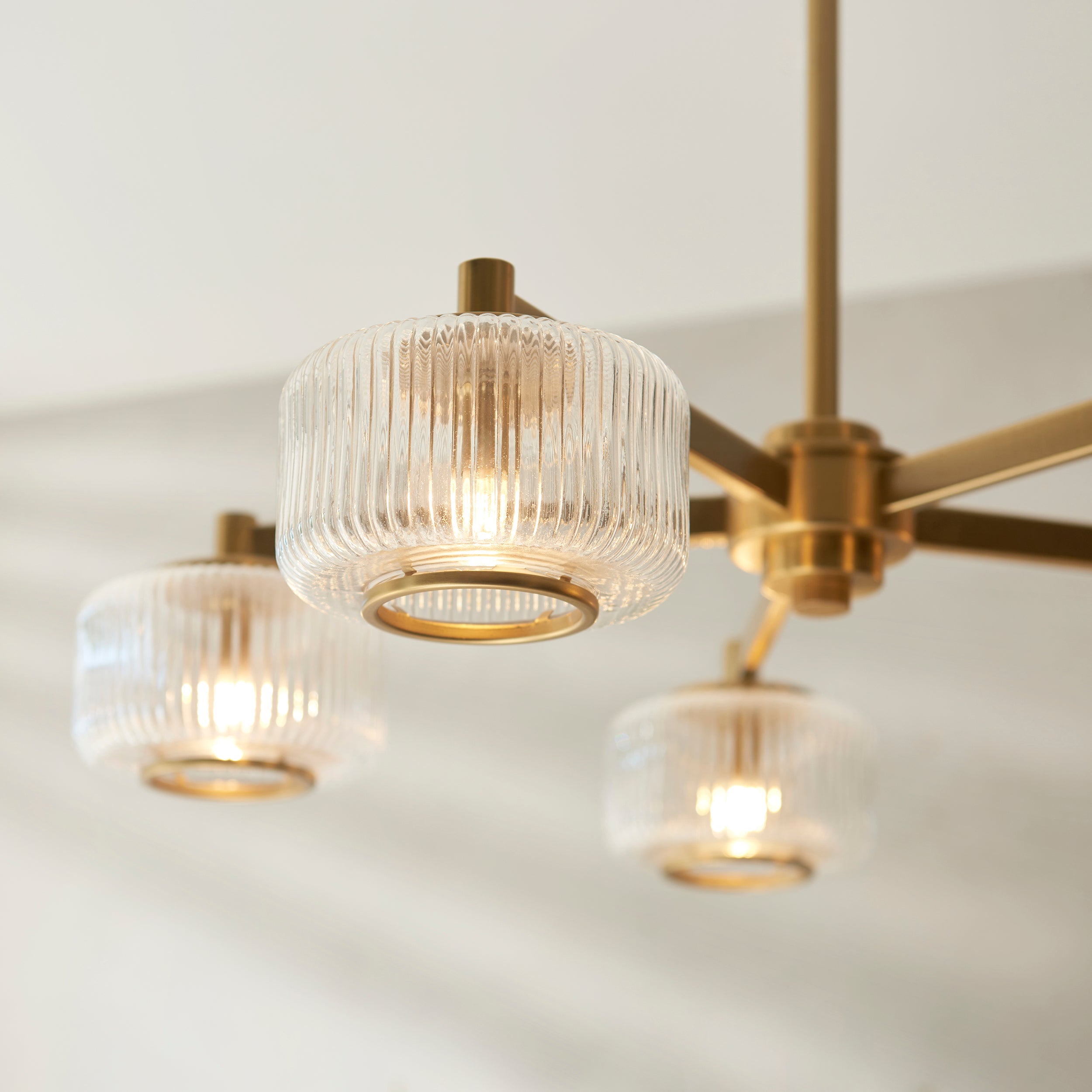 Endon Stamford 5 Light Pendant in Brushed Aged Brass and Clear Ribbed Glass
