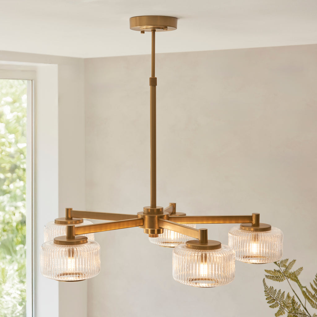 Endon Stamford 5 Light Pendant in Brushed Aged Brass and Clear Ribbed Glass