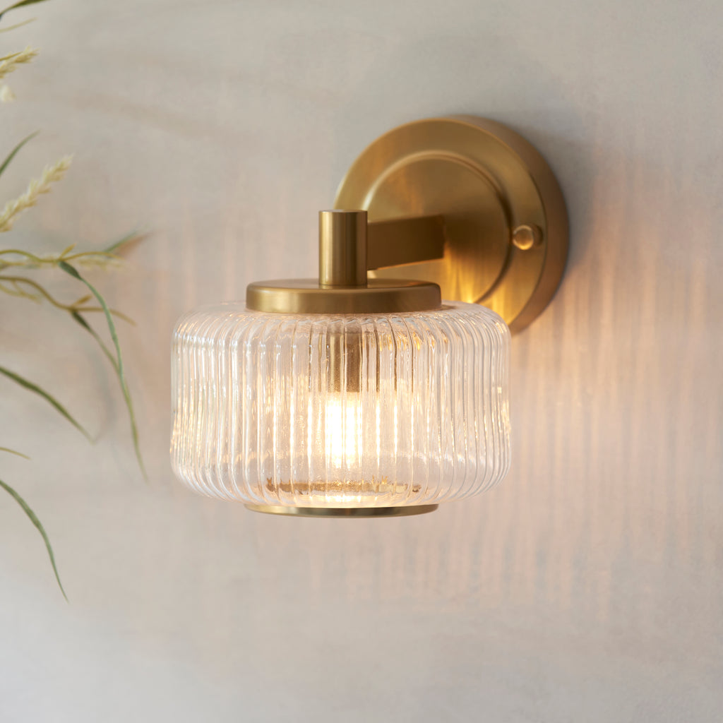 Endon Stamford Wall Light in Brushed Aged Brass and Clear Ribbed Glass