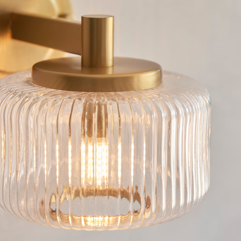 Endon Stamford Wall Light in Brushed Aged Brass and Clear Ribbed Glass