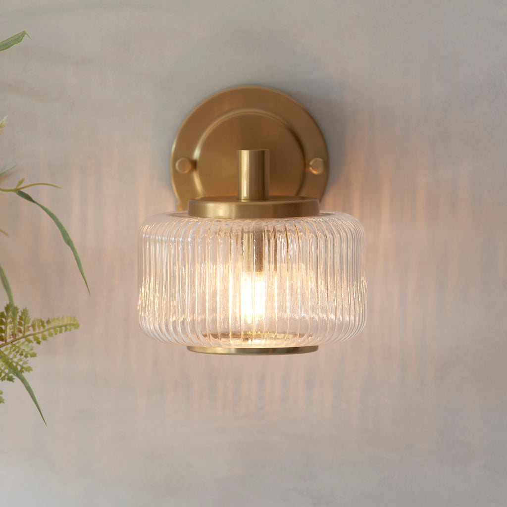 Endon Stamford Wall Light in Brushed Aged Brass and Clear Ribbed Glass