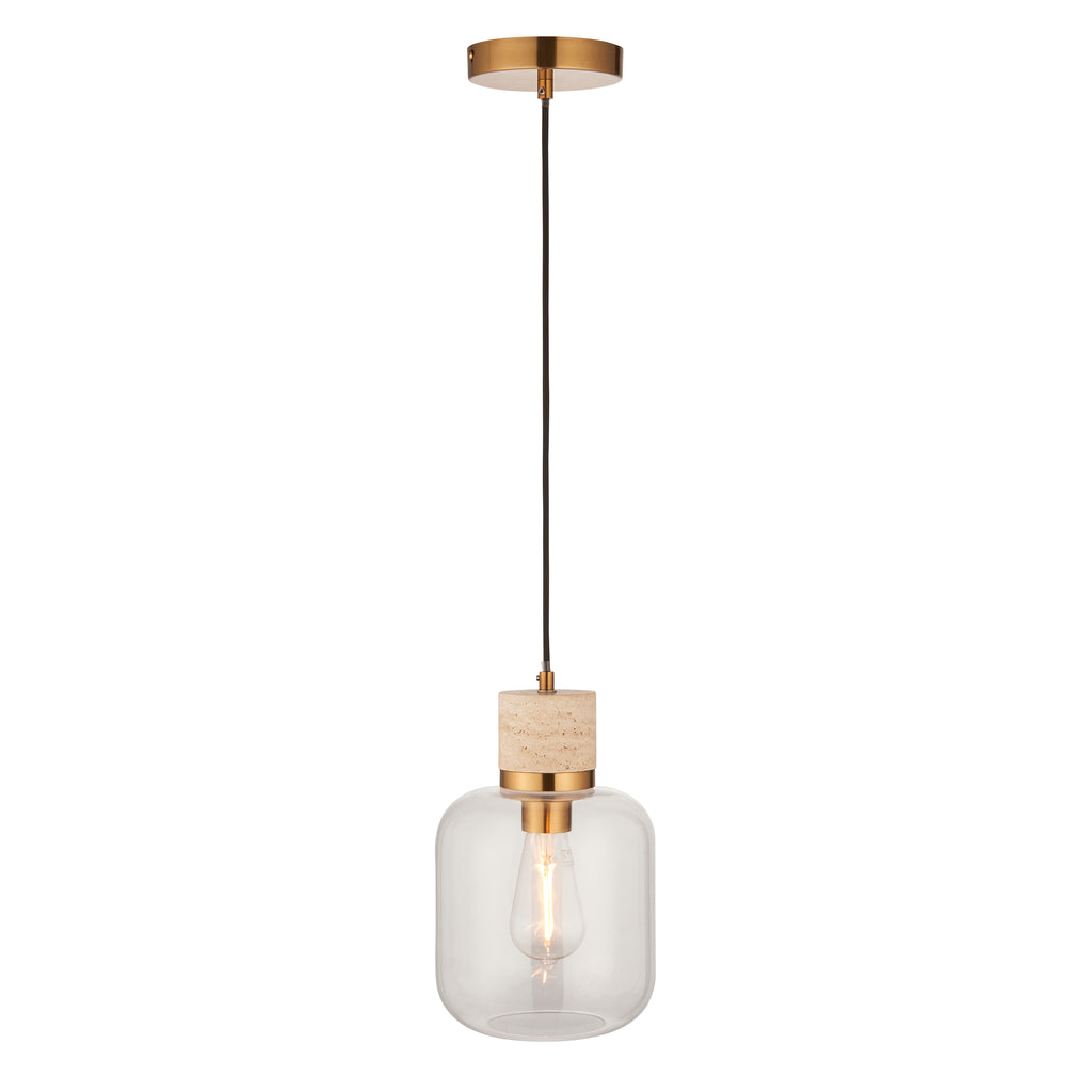 Endon Travi Pendant Light in Vintage Brass and Clear Glass Shade