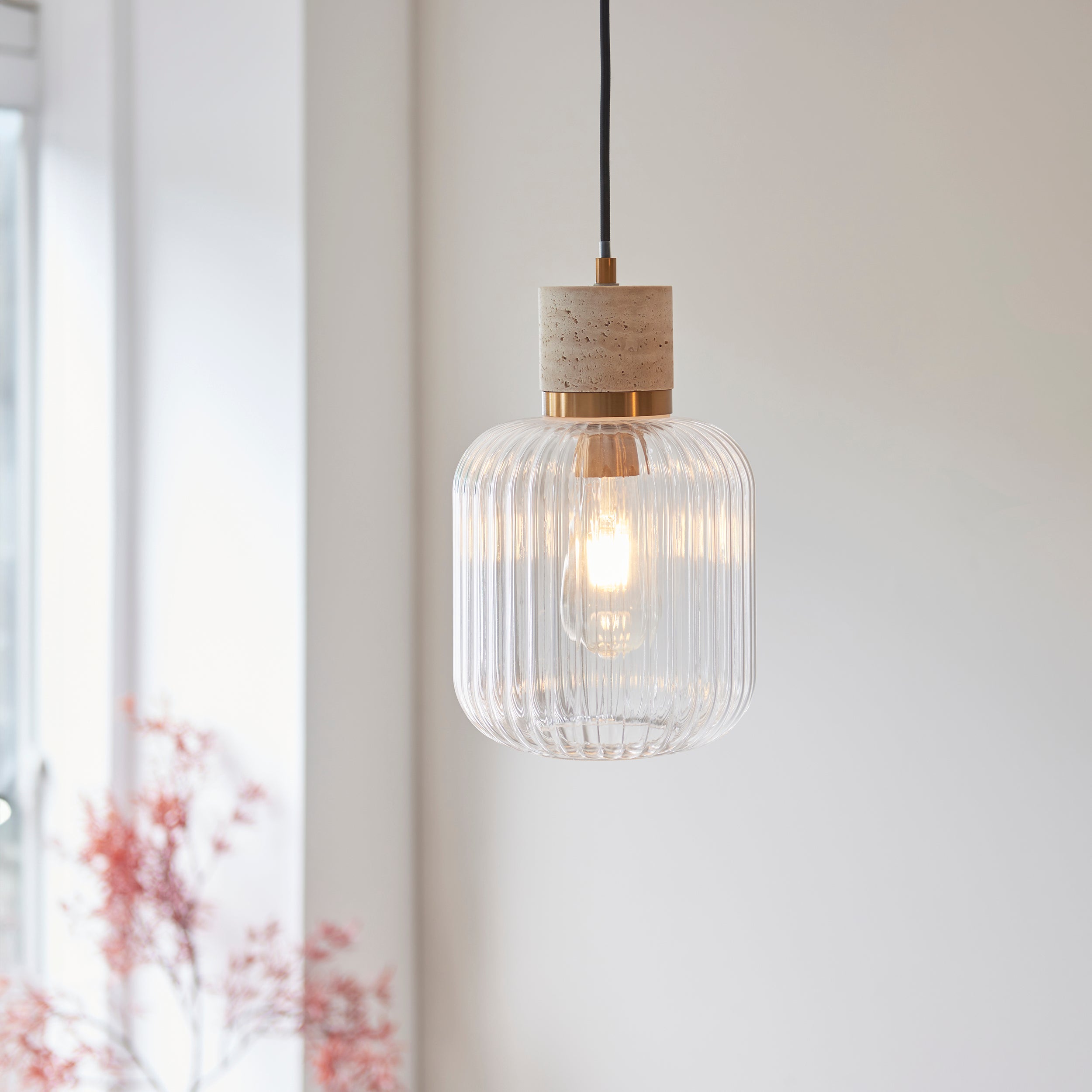 Endon Travi Ribbed Pendant Light in Vintage Brass and Clear Ribbed Glass