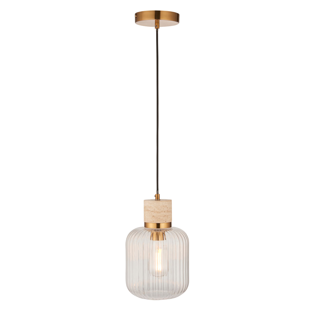 Endon Travi Ribbed Pendant Light in Vintage Brass and Clear Ribbed Glass