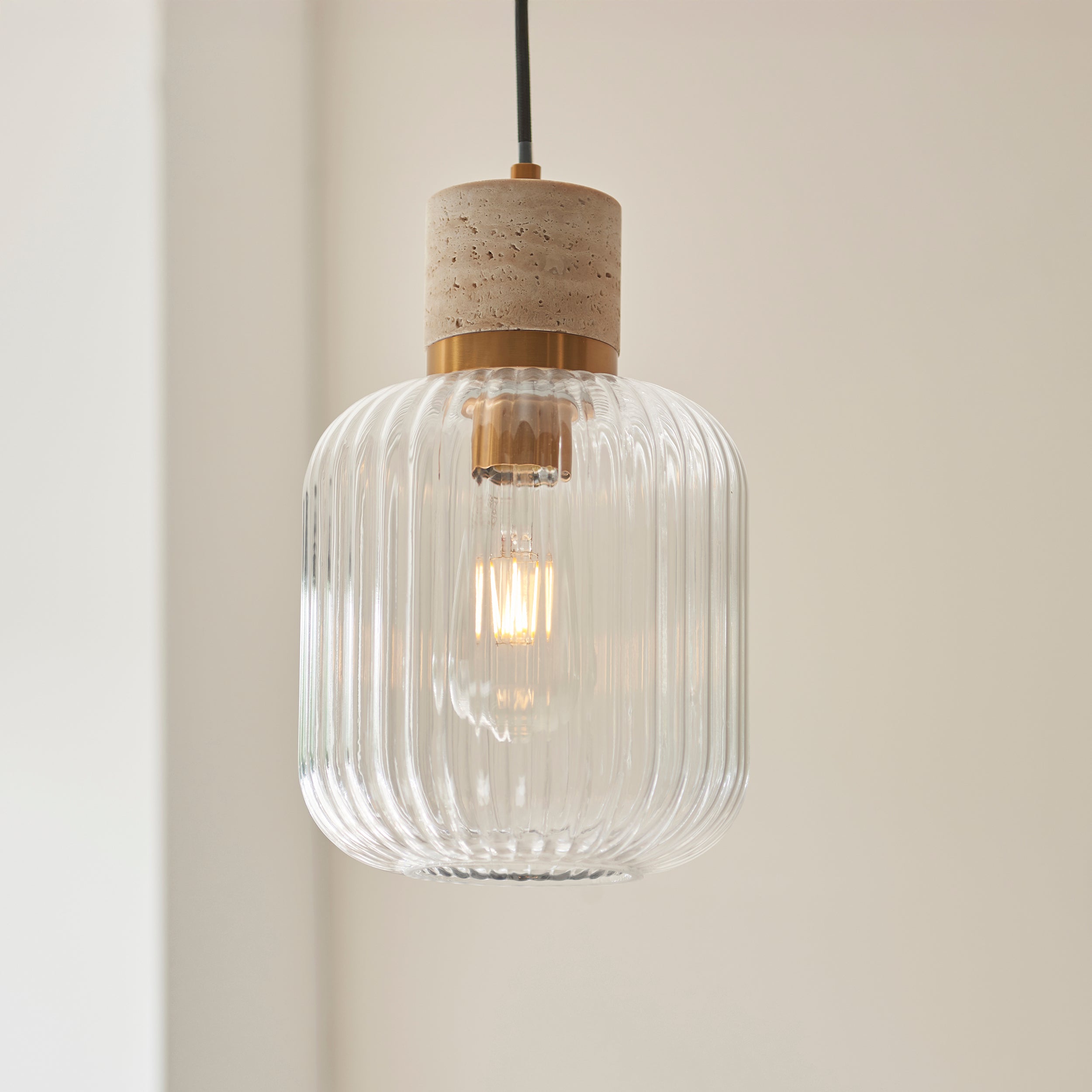 Endon Travi Ribbed Pendant Light in Vintage Brass and Clear Ribbed Glass