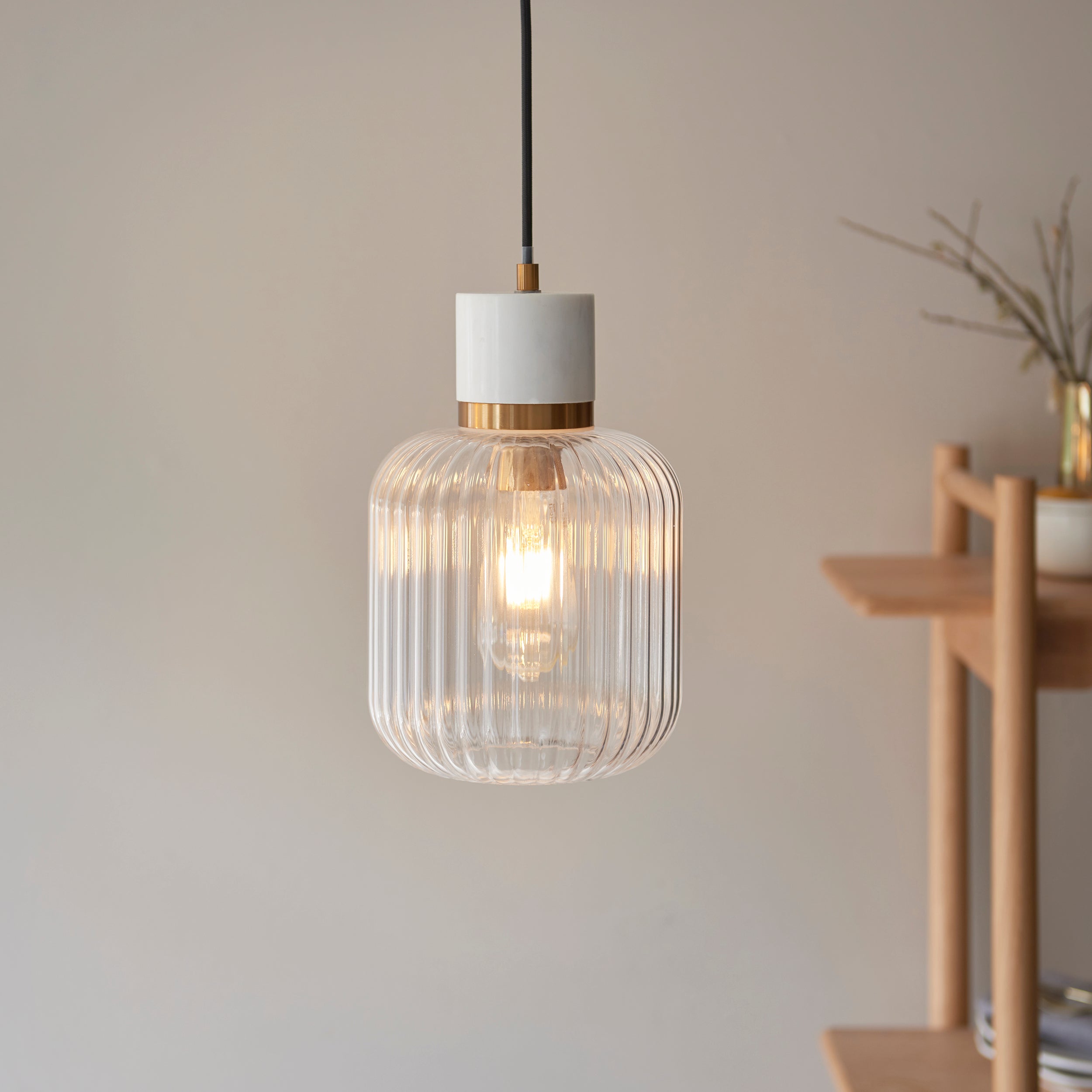 Endon Travi Ribbed Pendant Light White Volakas Marble, Vintage Brass and Clear Ribbed Glass