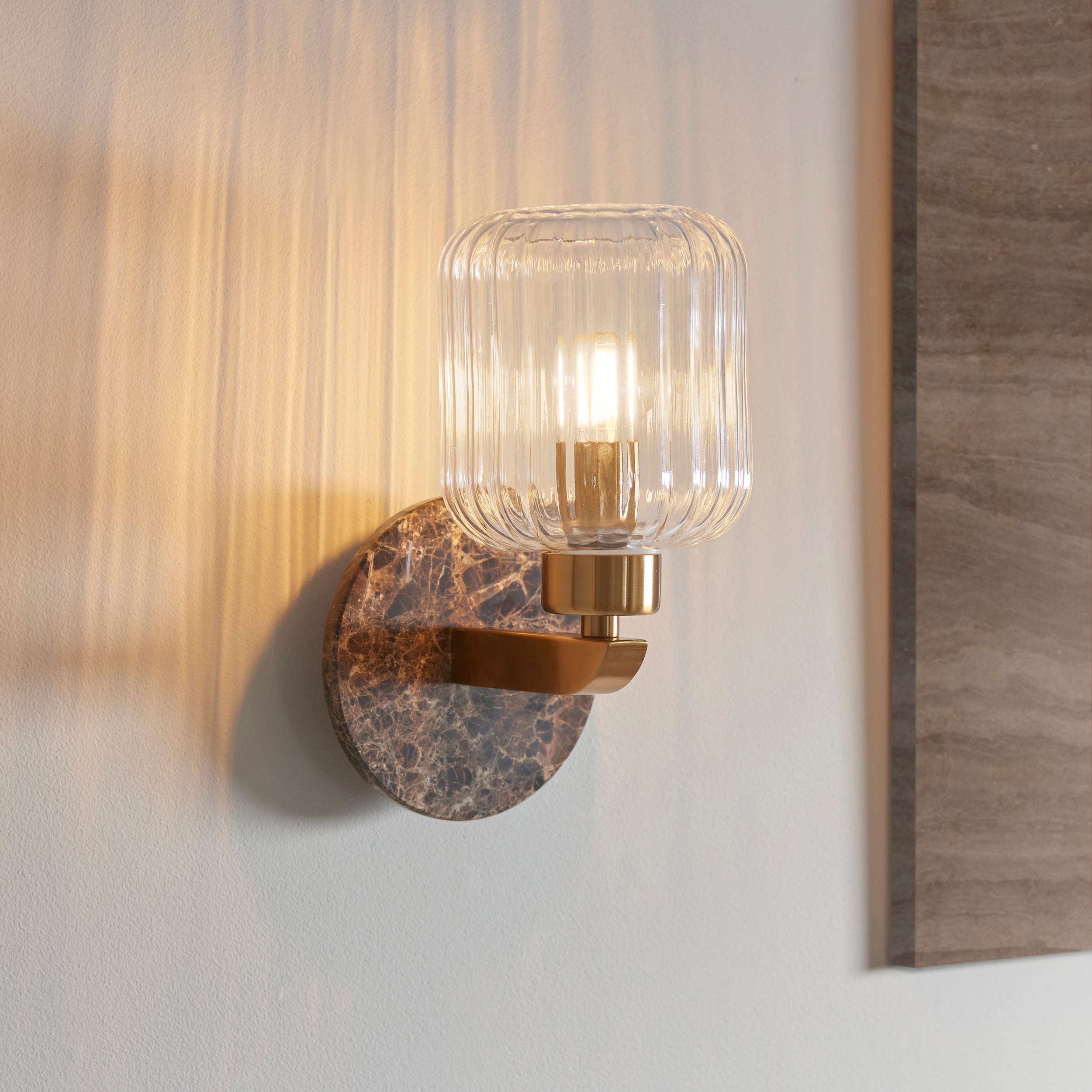 Endon Travi Ribbed Wall Light in Dark Brown Emperador Marble, Vintage Brass and Clear Ribbed Glass