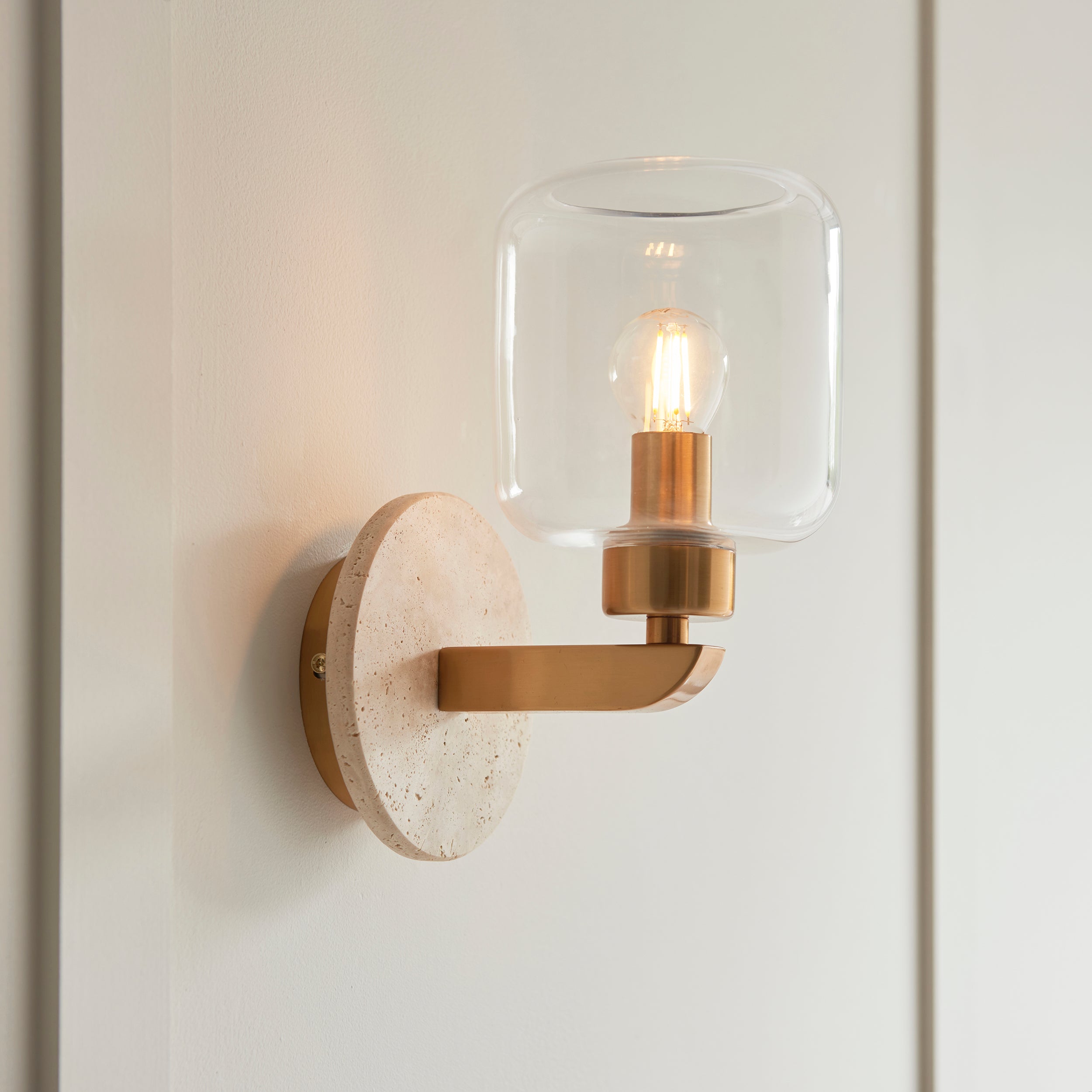 Endon Travi Wall Light in Natural Travertine, Vintage Brass and Clear Glass