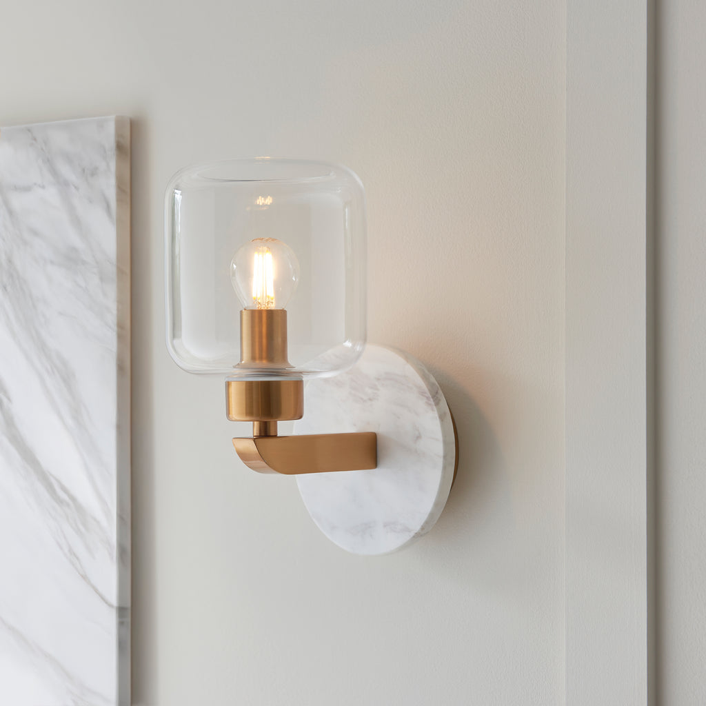 Endon Travi Wall Light in White in Vintage Brass and Clear Glass Shade