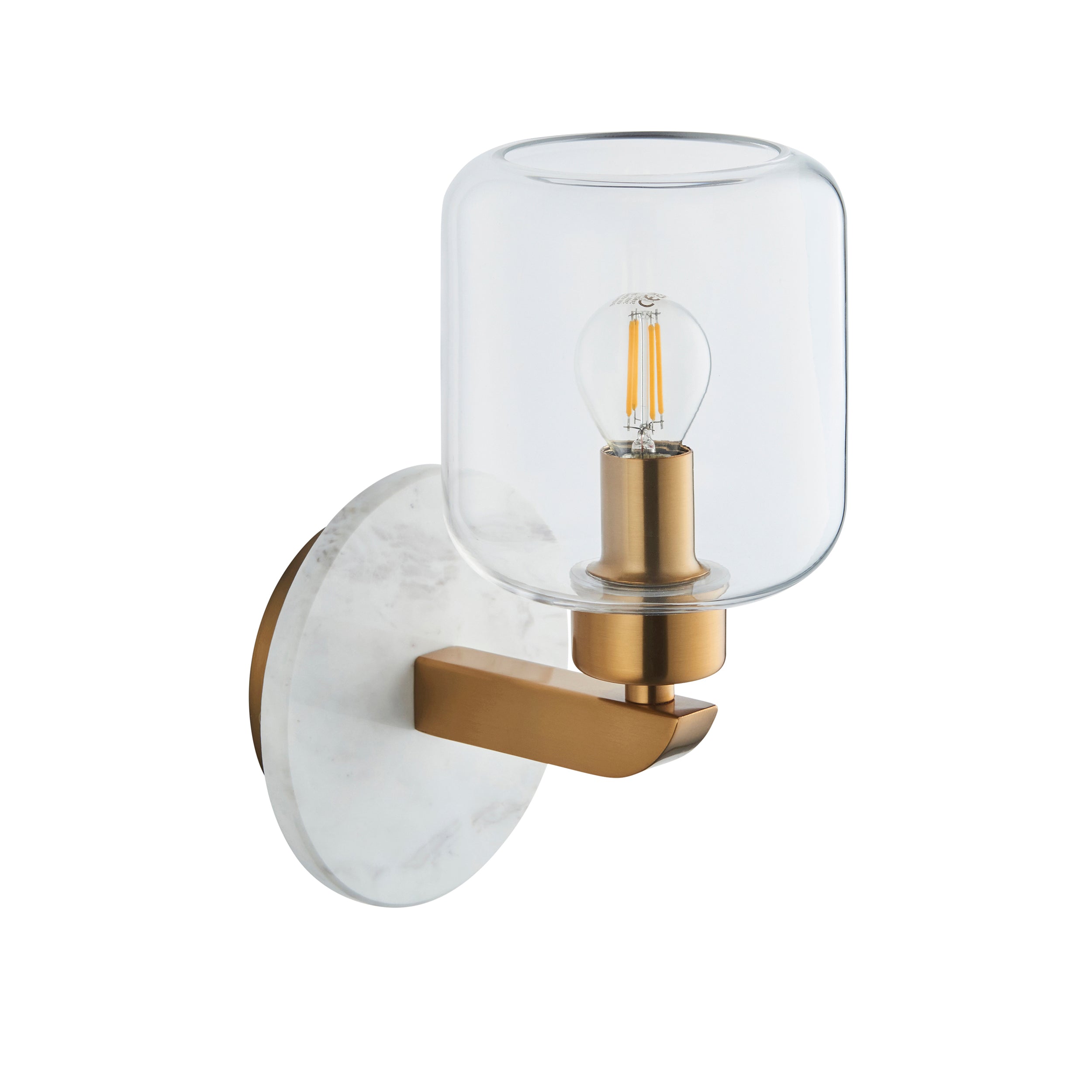 Endon Travi Wall Light in White in Vintage Brass and Clear Glass Shade