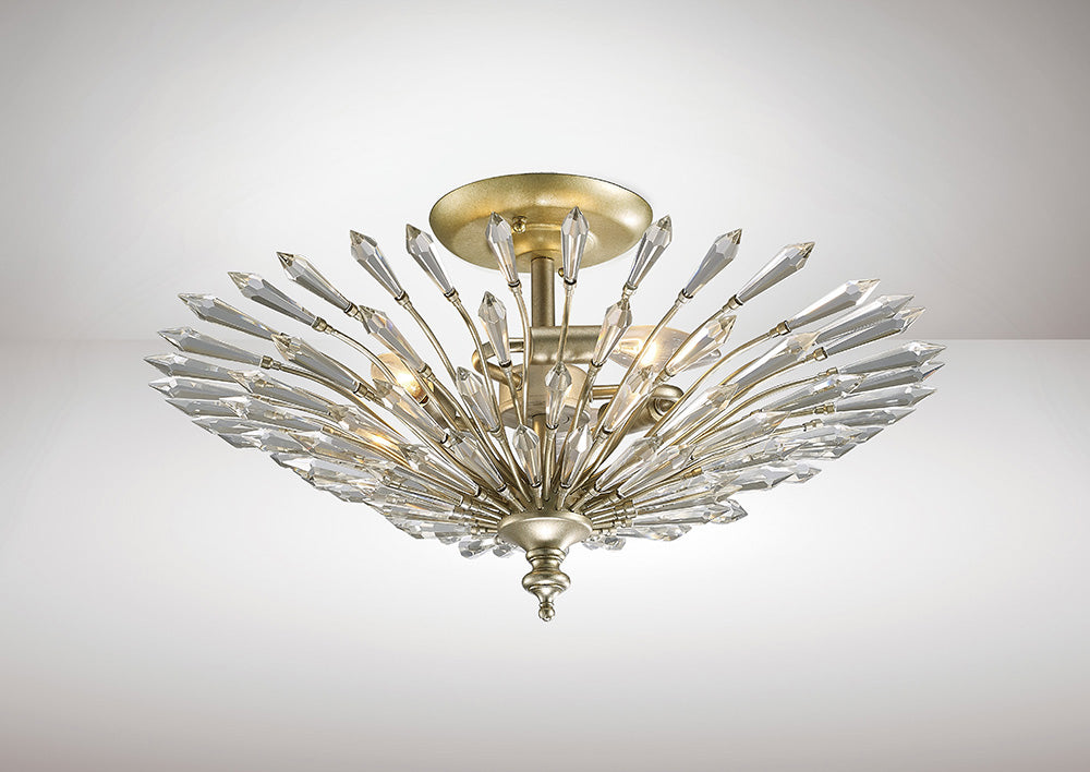 Diyas Fay 3 Light Semi Flush Ceiling Light in Aged Gold with Crystal