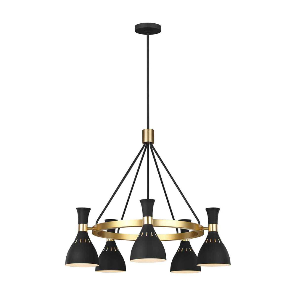 Feiss Joan 5 Light Chandelier in Midnight Black and Burnished Brass