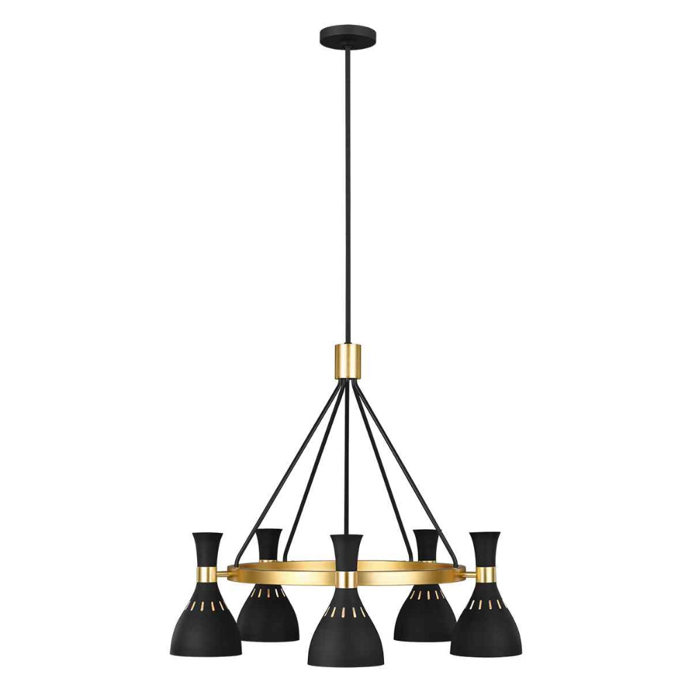 Feiss Joan 5 Light Chandelier in Midnight Black and Burnished Brass