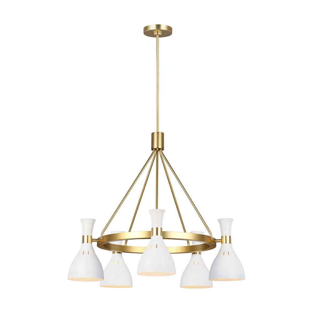 Feiss Joan 5 Light Chandelier in Matte White and Burnished Brass