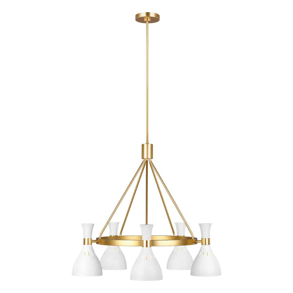Feiss Joan 5 Light Chandelier in Matte White and Burnished Brass