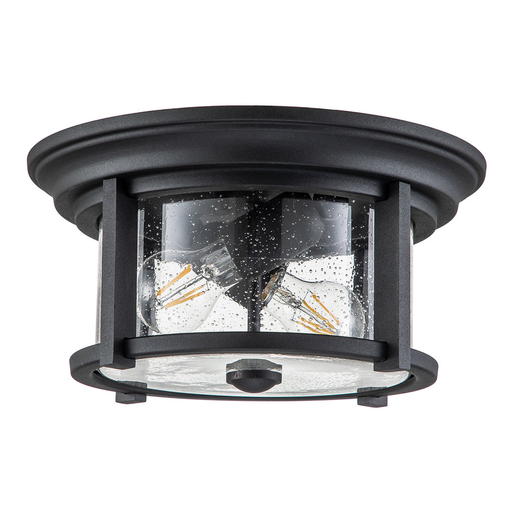 Feiss Merrill 2 Light Outdoor Flush Ceiling Light in Black with Clear Seeded Glass