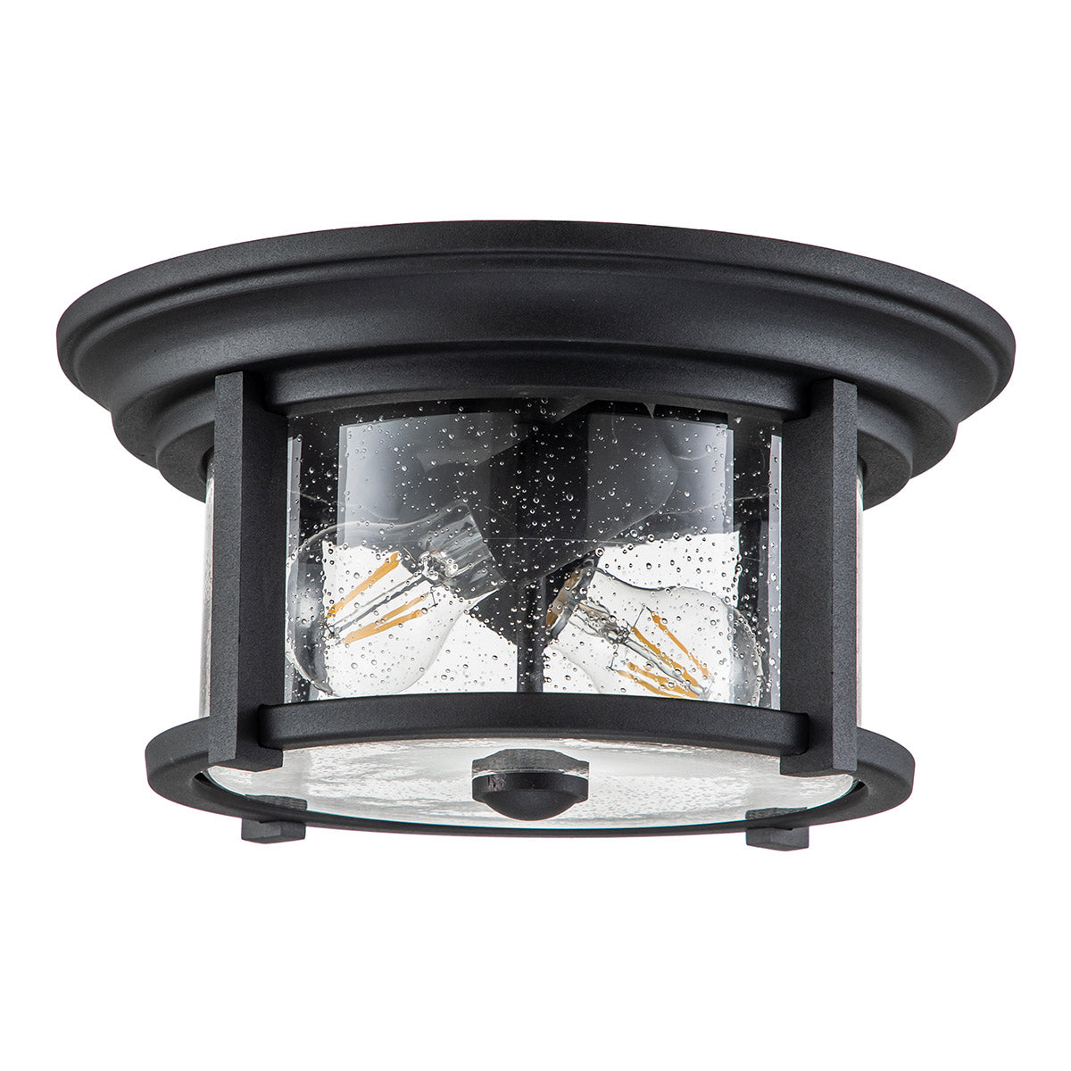 Feiss Merrill 2 Light Outdoor Flush Ceiling Light in Black with Clear Seeded Glass