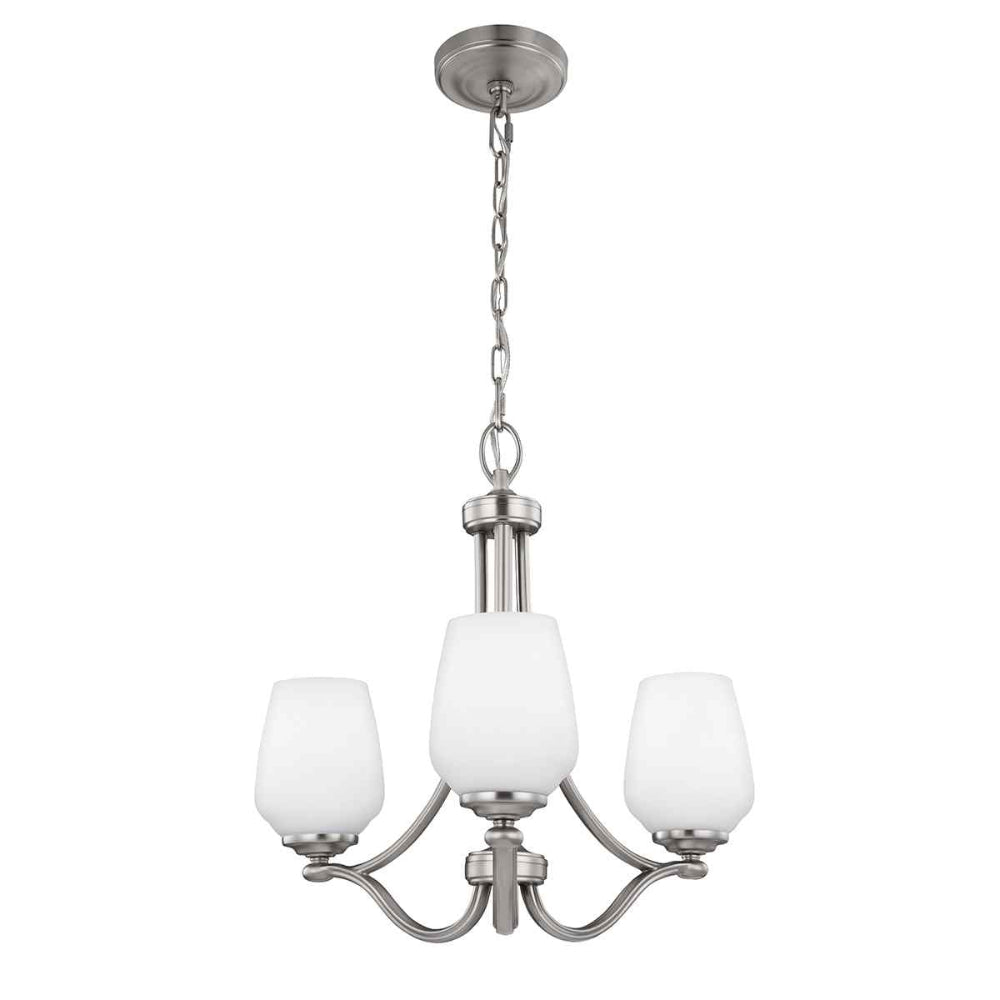 Feiss Vintner 3 Light Chandelier in Satin Nickel with White Shades