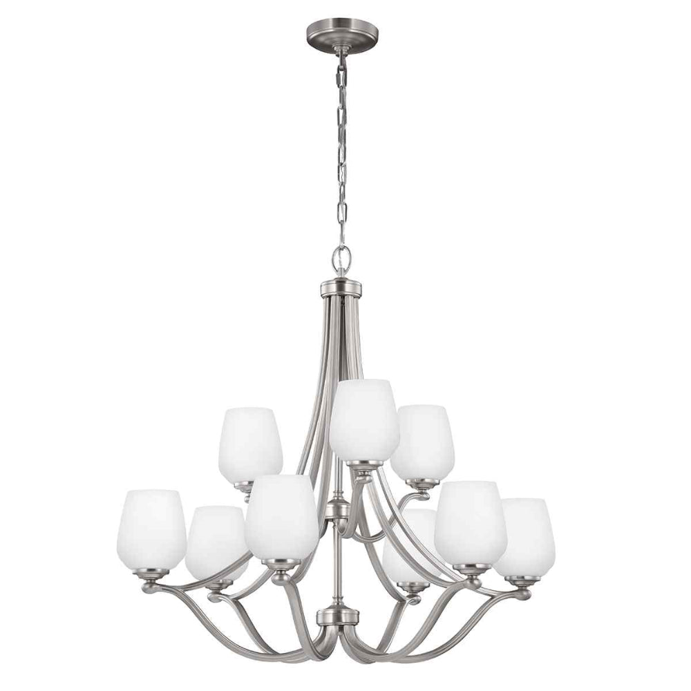 Feiss Vintner 9 Light Chandelier in Satin Nickel with White Shade