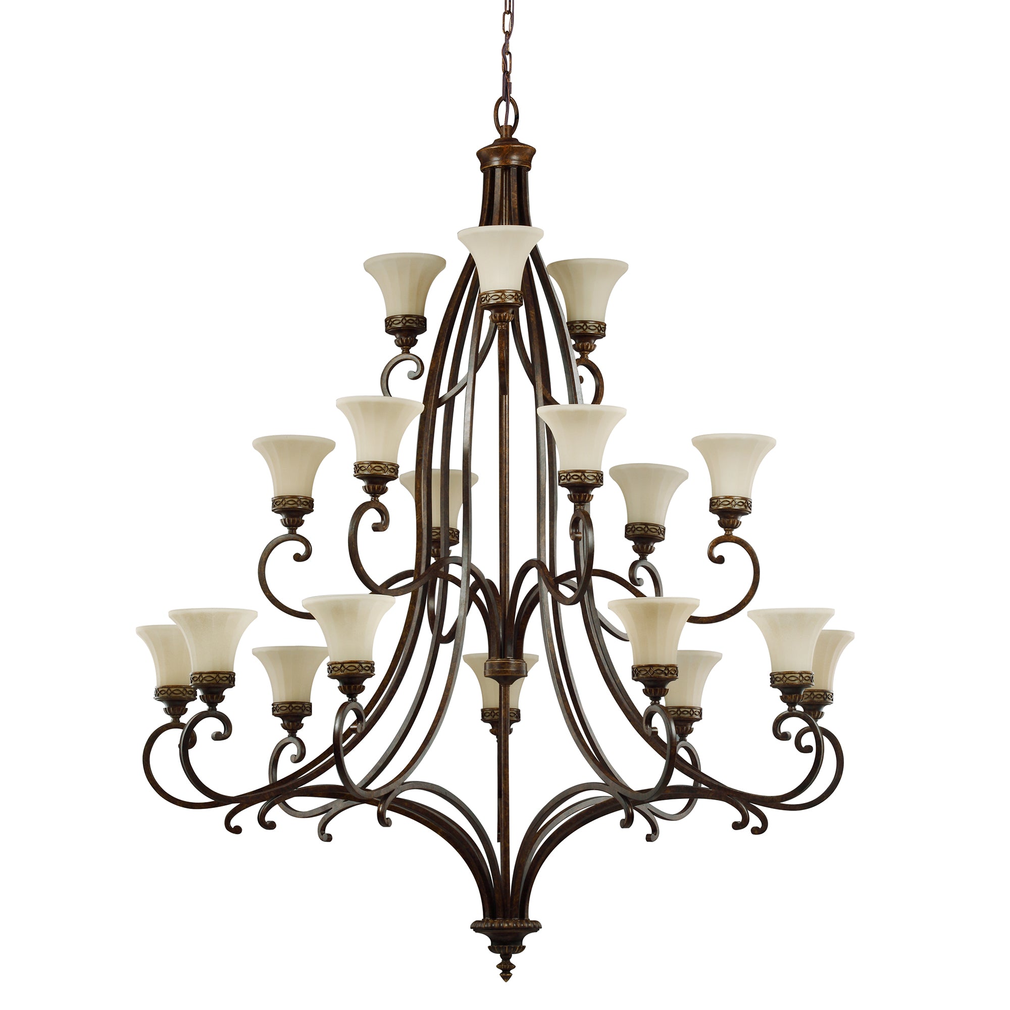 Feiss Drawing Room 18 Light Chandelier in Walnut with Glass Shades
