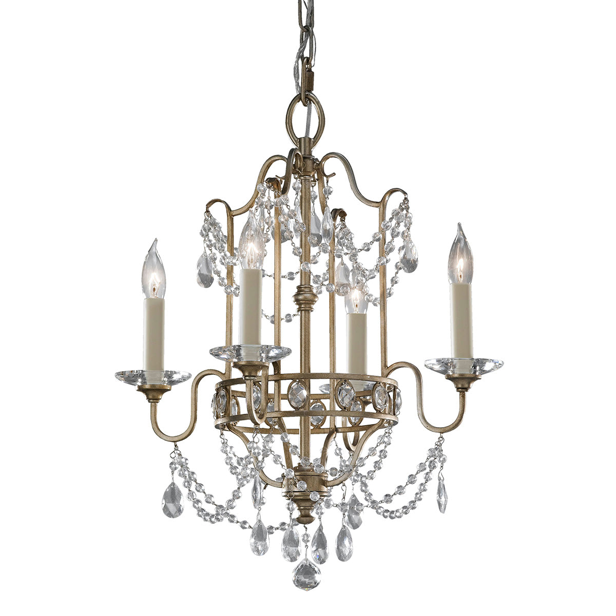Feiss Gianna 4 Light Chandelier in Hand Painted Gilded Silver Finish with Crystal Decoration