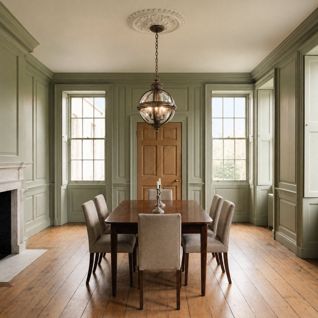 Feiss Adams 3 Light Globe Pendant in British Bronze lit over a mahogany dining table in a sage green panelled Georgian dining room